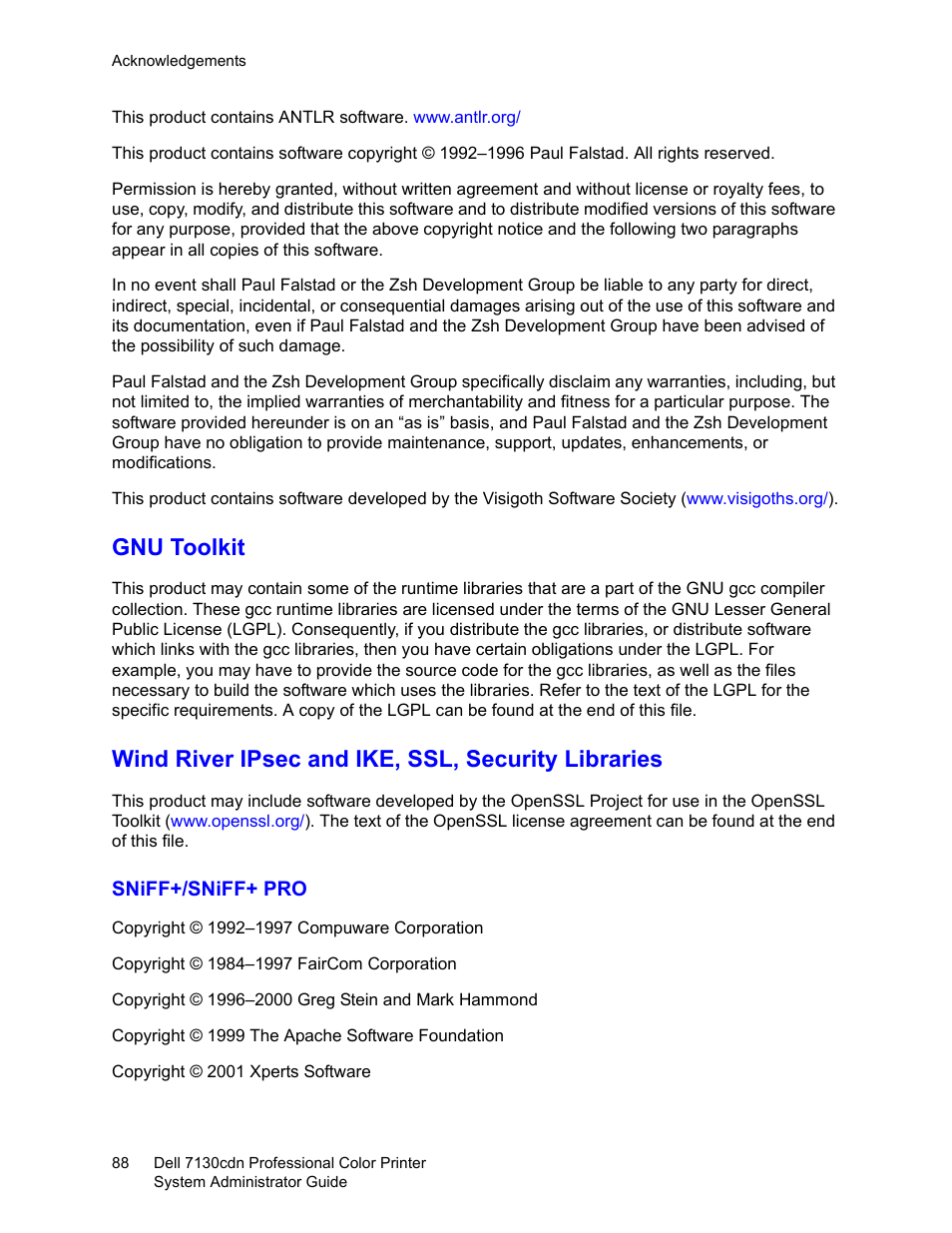 Gnu toolkit, Wind river ipsec and ike, ssl, security libraries | Dell 7130cdn Color Laser Printer User Manual | Page 88 / 116