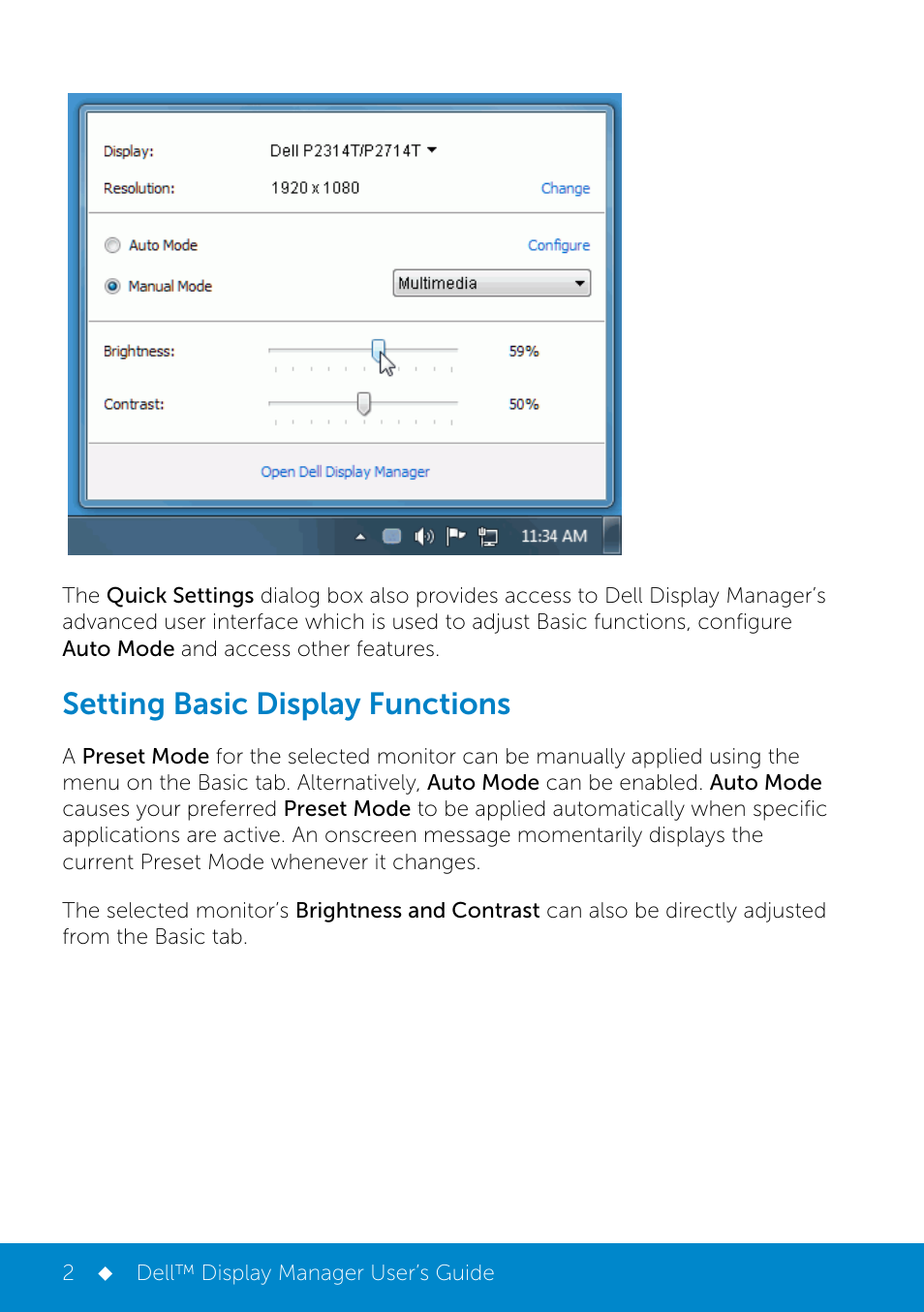 Setting basic display functions | Dell P2314T Multi Touch Monitor with LED User Manual | Page 2 / 4