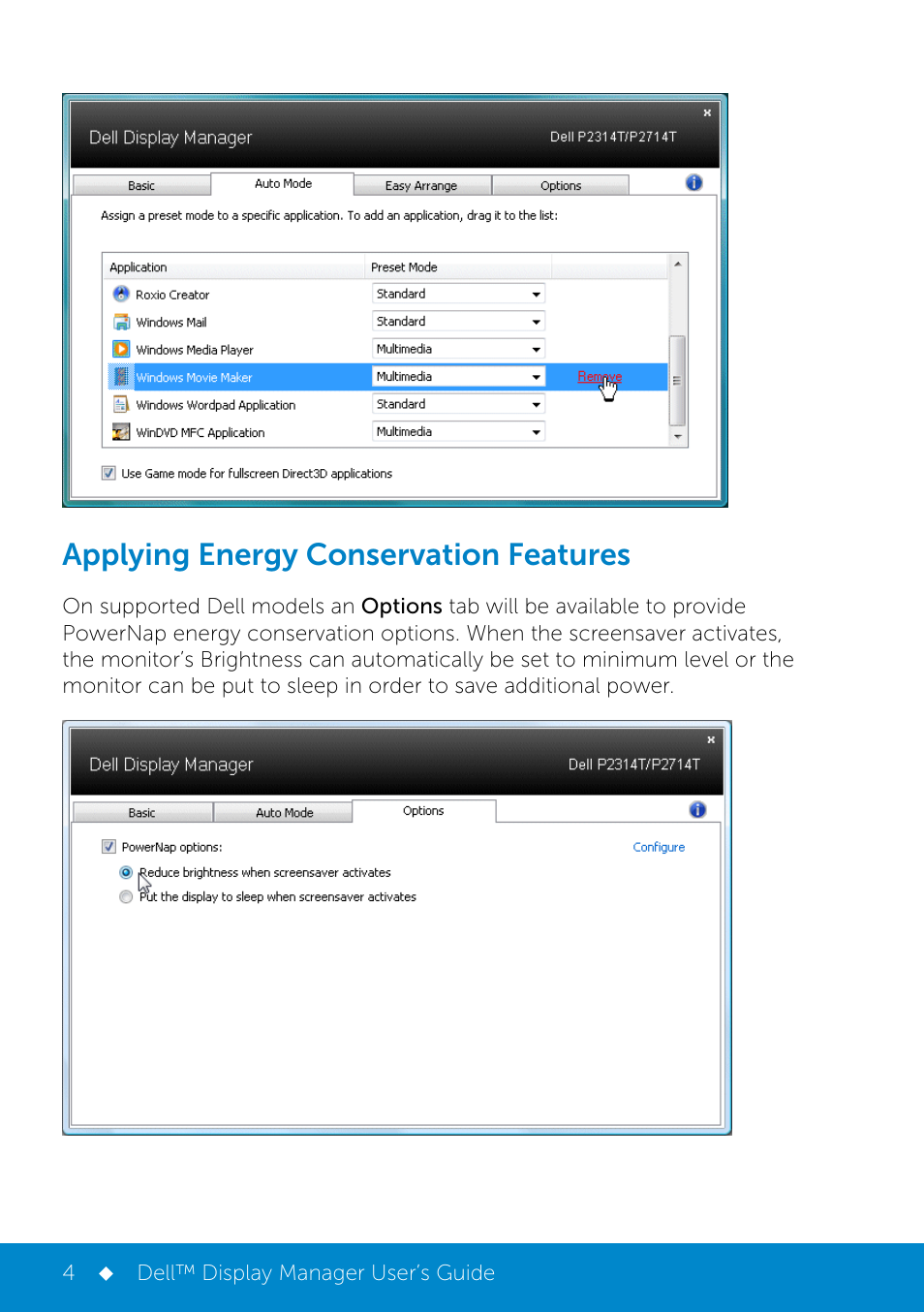 Applying energy conservation features | Dell P2314T Multi Touch Monitor with LED User Manual | Page 4 / 4