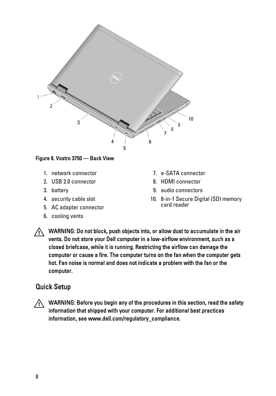 Quick setup | Dell Vostro 3450 (Early 2011) User Manual | Page 8 / 16