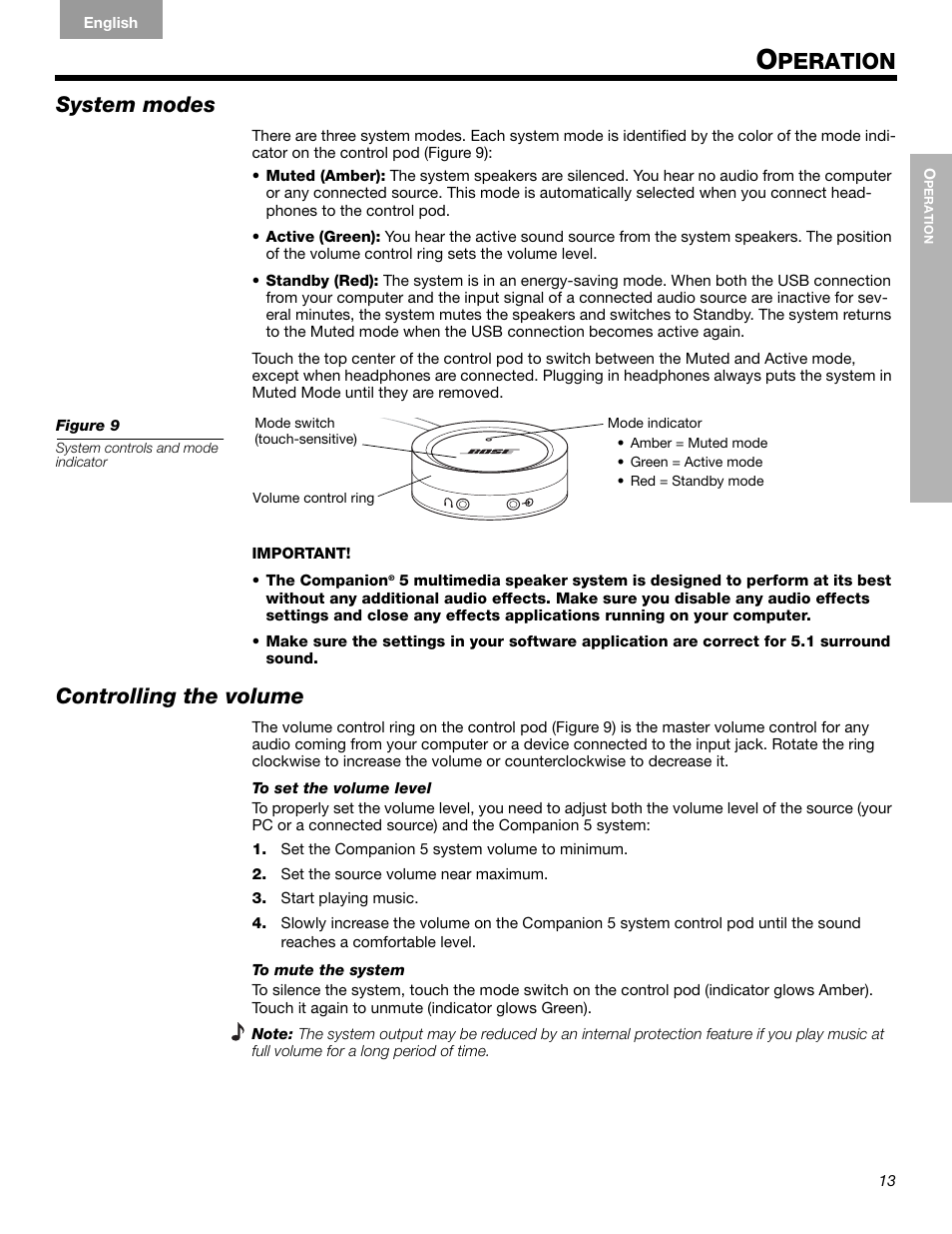 Peration, System modes, Controlling the volume | Bose Companion 5 User Manual | Page 15 / 56
