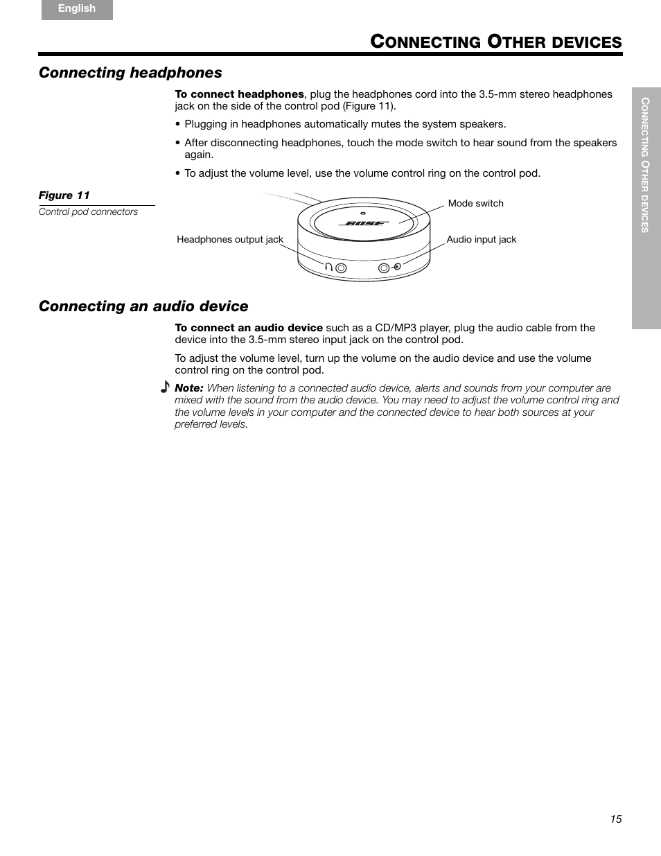 Onnecting, Ther devices, Connecting headphones | Connecting an audio device | Bose Companion 5 User Manual | Page 17 / 56