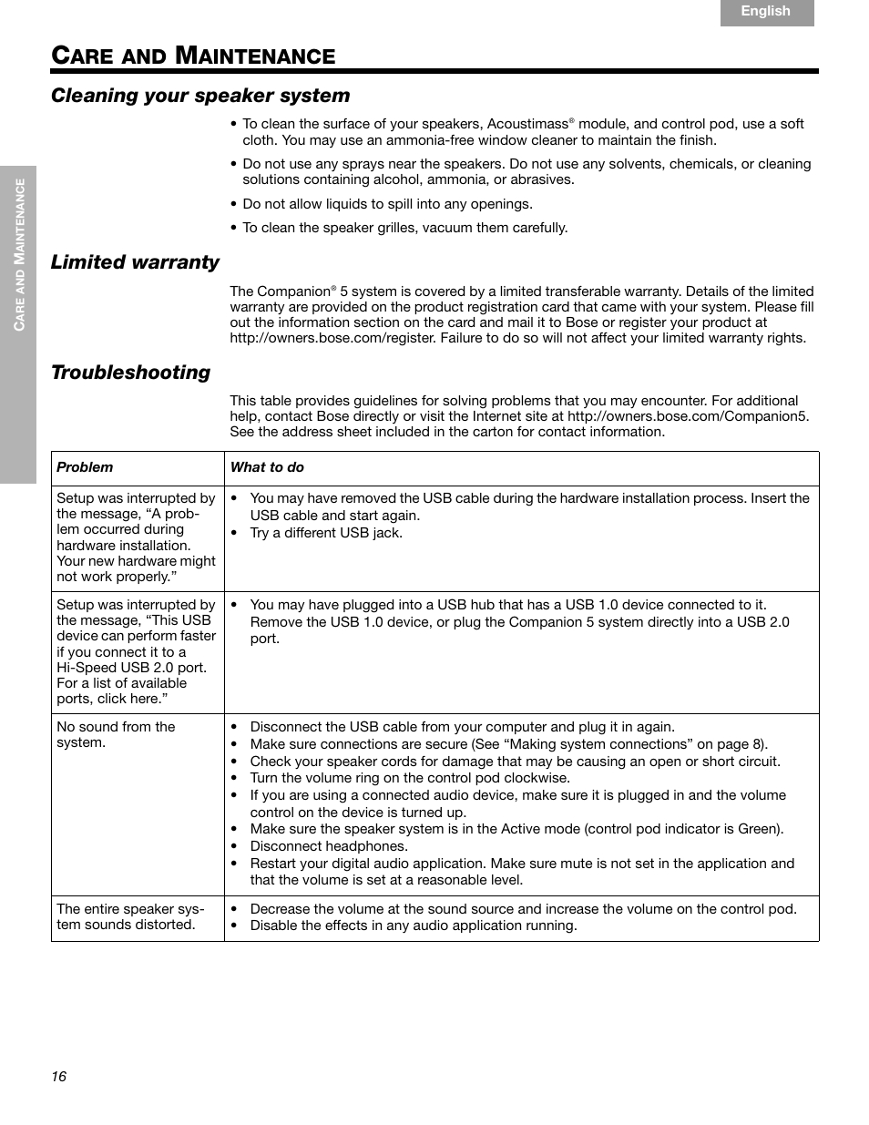 Are and, Aintenance, Cleaning your speaker system | Limited warranty, Troubleshooting | Bose Companion 5 User Manual | Page 18 / 56