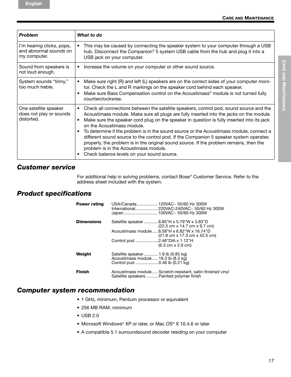 Customer service, Product specifications, Computer system recommendation | Bose Companion 5 User Manual | Page 19 / 56