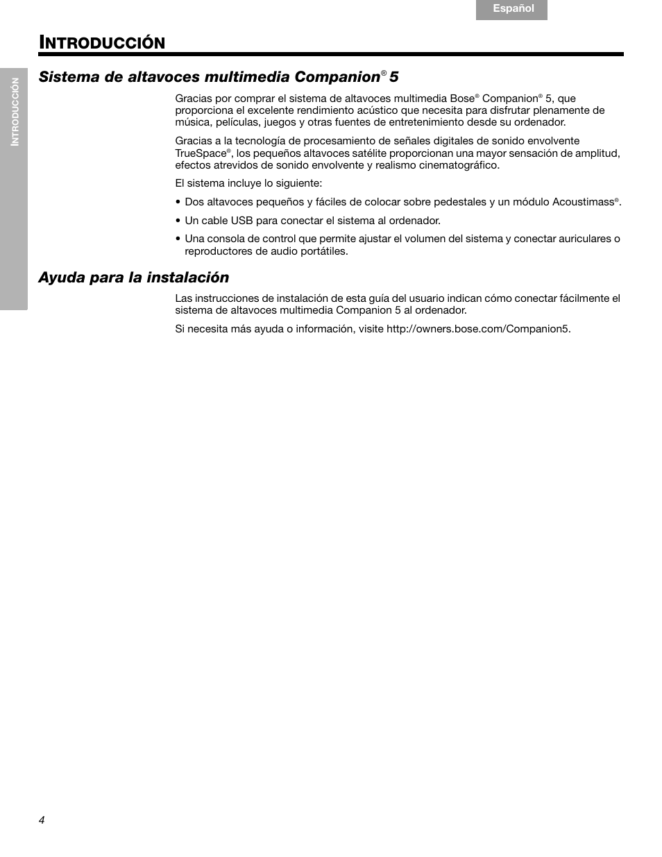 Ntroducción, Sistema de altavoces multimedia companion, Ayuda para la instalación | Bose Companion 5 User Manual | Page 24 / 56