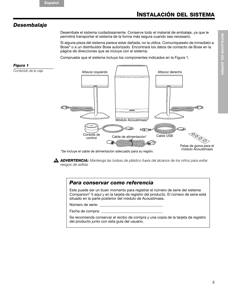 Nstalación del sistema, Desembalaje, Para conservar como referencia | Bose Companion 5 User Manual | Page 25 / 56