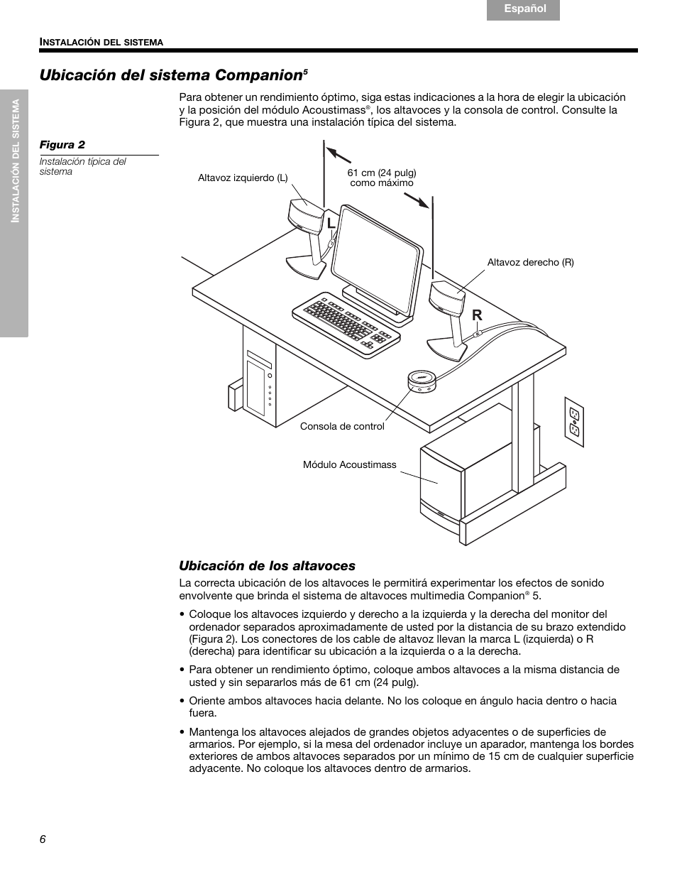 Ubicación del sistema companion, Ubicación de los altavoces | Bose Companion 5 User Manual | Page 26 / 56