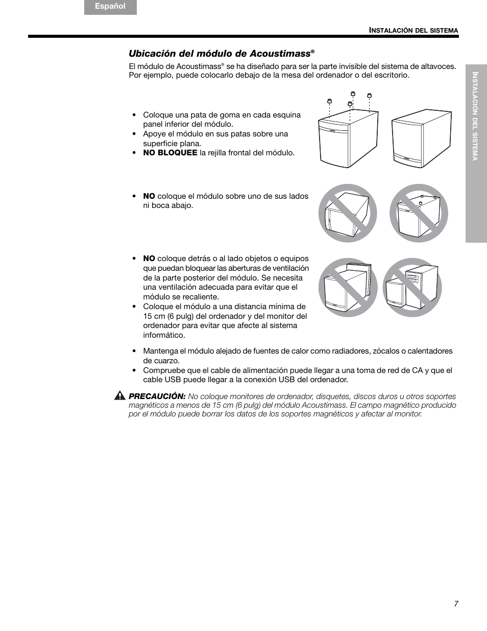 Ubicación del módulo de acoustimass | Bose Companion 5 User Manual | Page 27 / 56