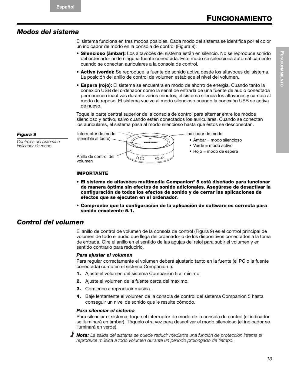 Uncionamiento, Modos del sistema, Control del volumen | Bose Companion 5 User Manual | Page 33 / 56