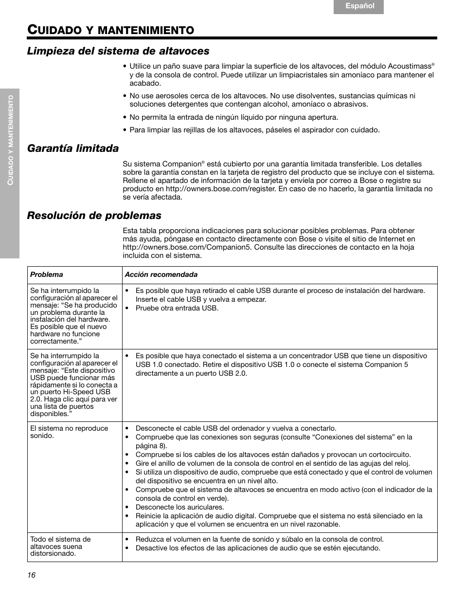 Uidado y mantenimiento, Limpieza del sistema de altavoces, Garantía limitada | Resolución de problemas | Bose Companion 5 User Manual | Page 36 / 56