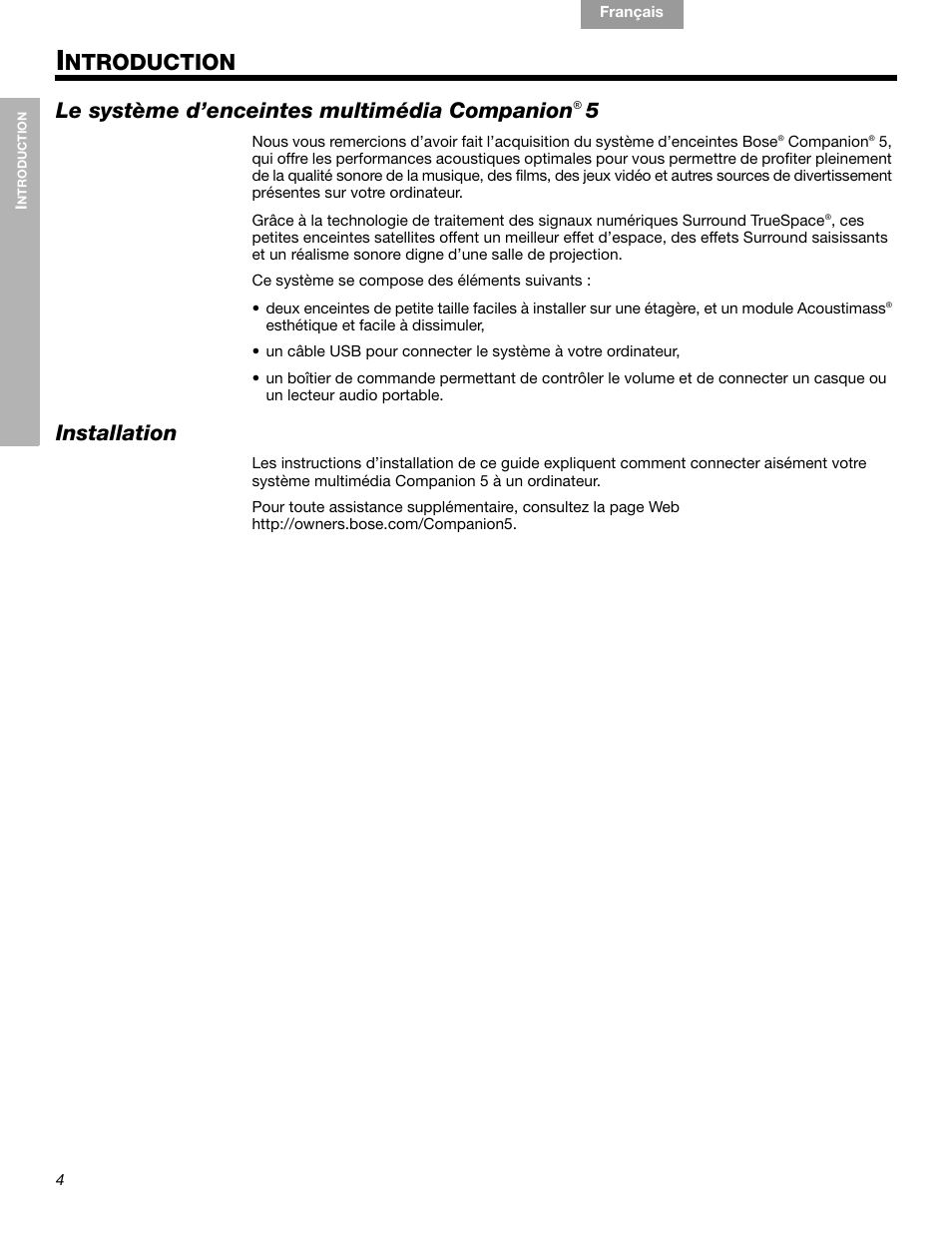 Ntroduction, Le système d’enceintes multimédia companion, Installation | Bose Companion 5 User Manual | Page 42 / 56