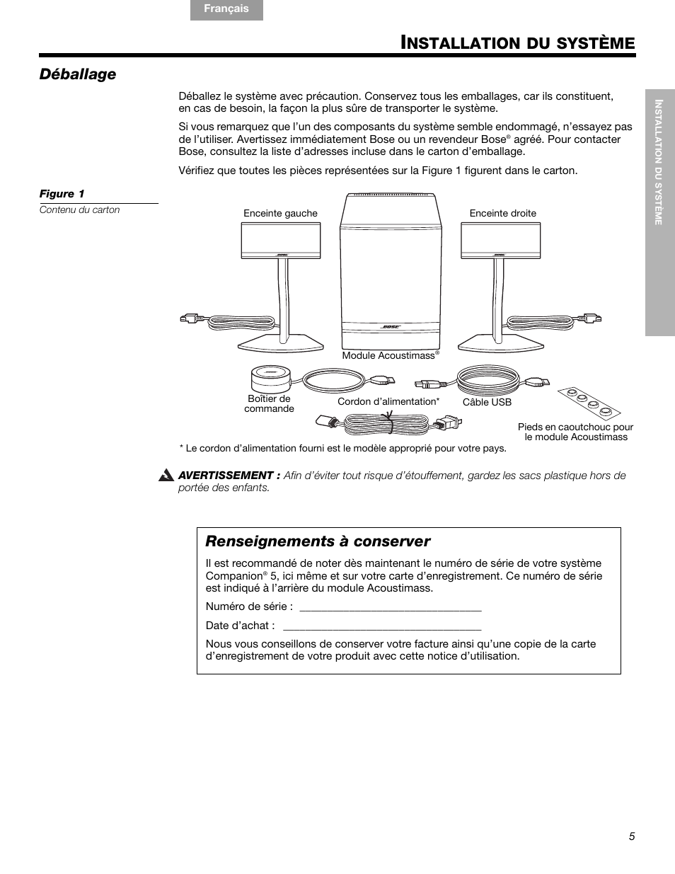 Nstallation du système, Déballage, Renseignements à conserver | Bose Companion 5 User Manual | Page 43 / 56