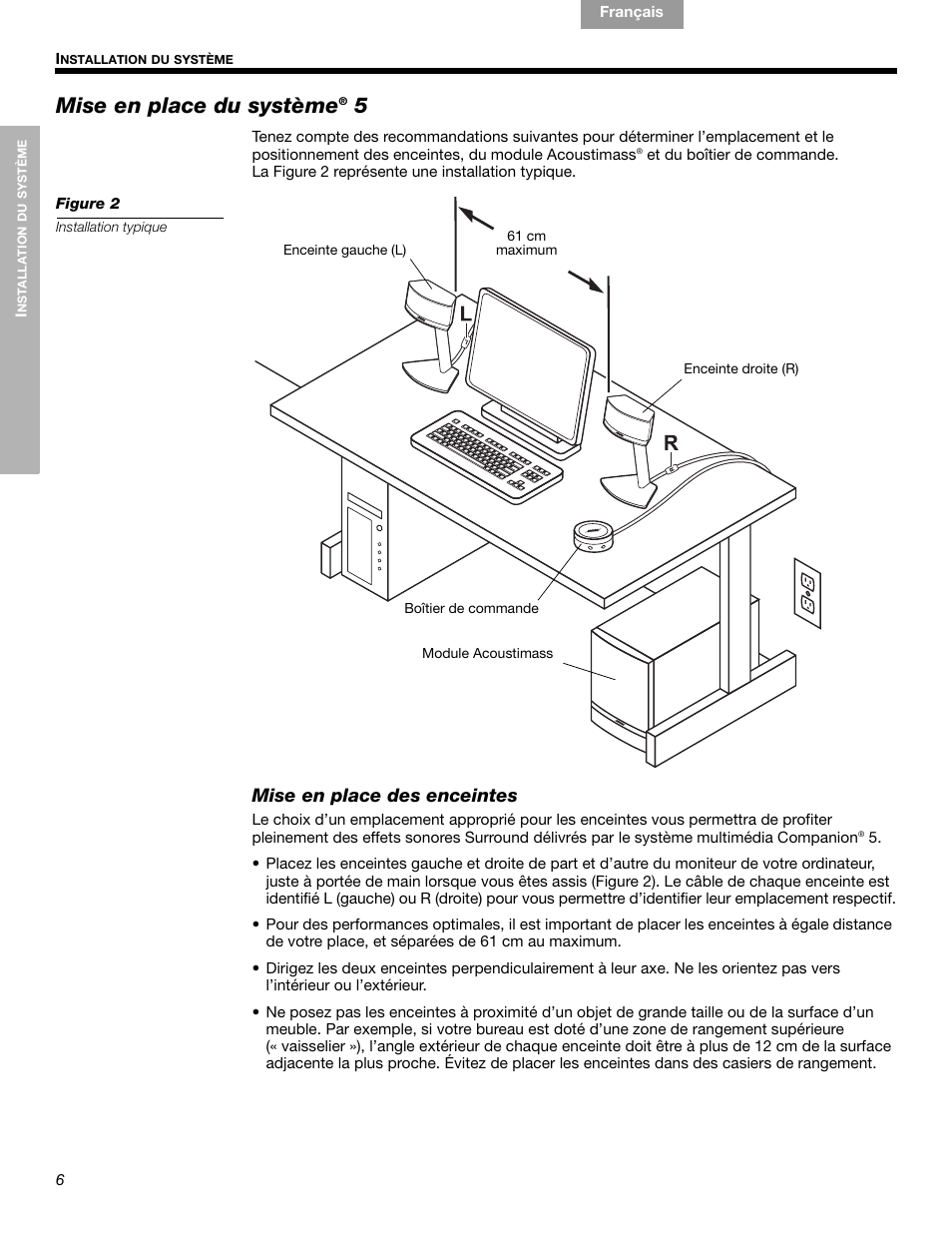 Mise en place du système, Mise en place des enceintes | Bose Companion 5 User Manual | Page 44 / 56