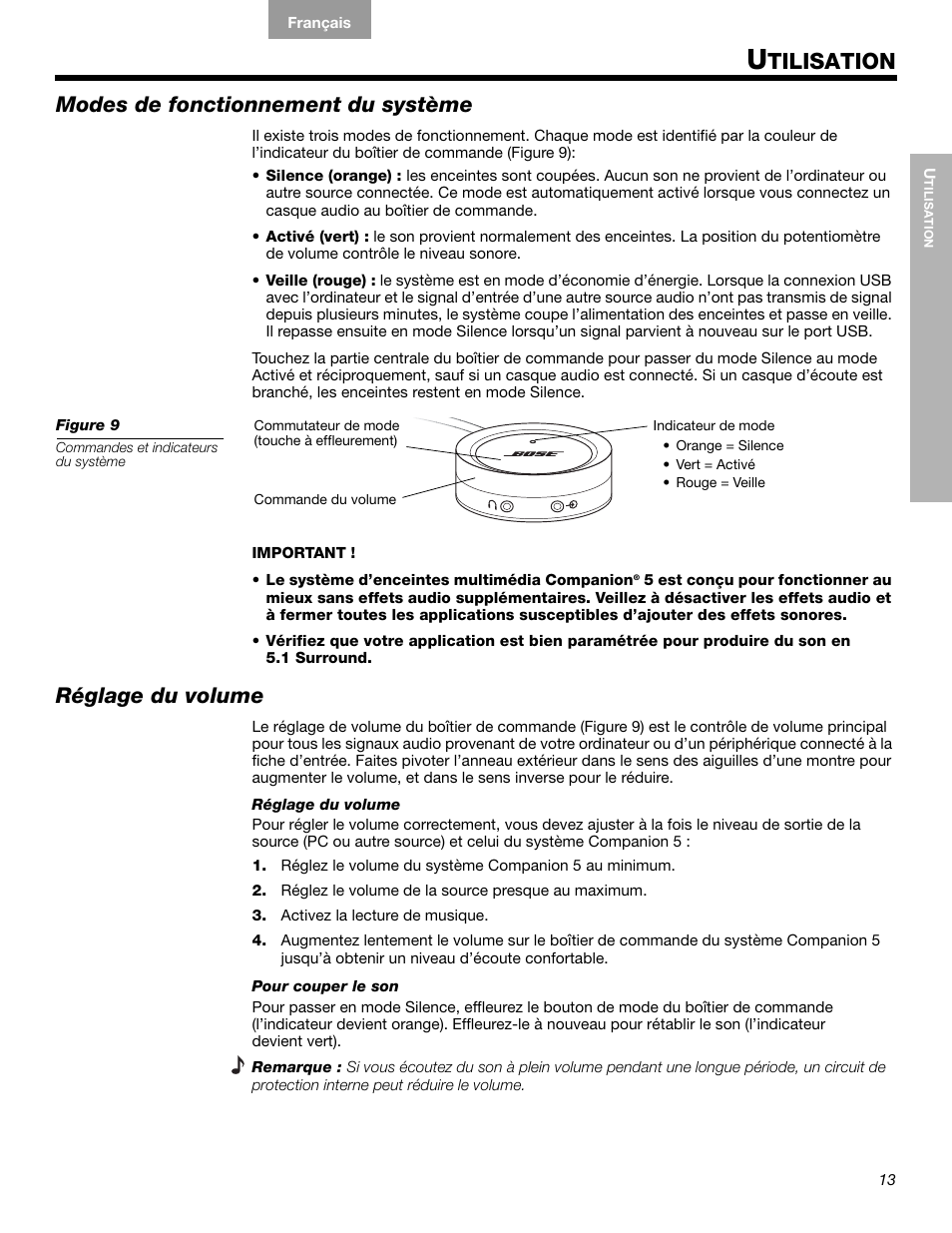 Tilisation, Modes de fonctionnement du système, Réglage du volume | Bose Companion 5 User Manual | Page 51 / 56