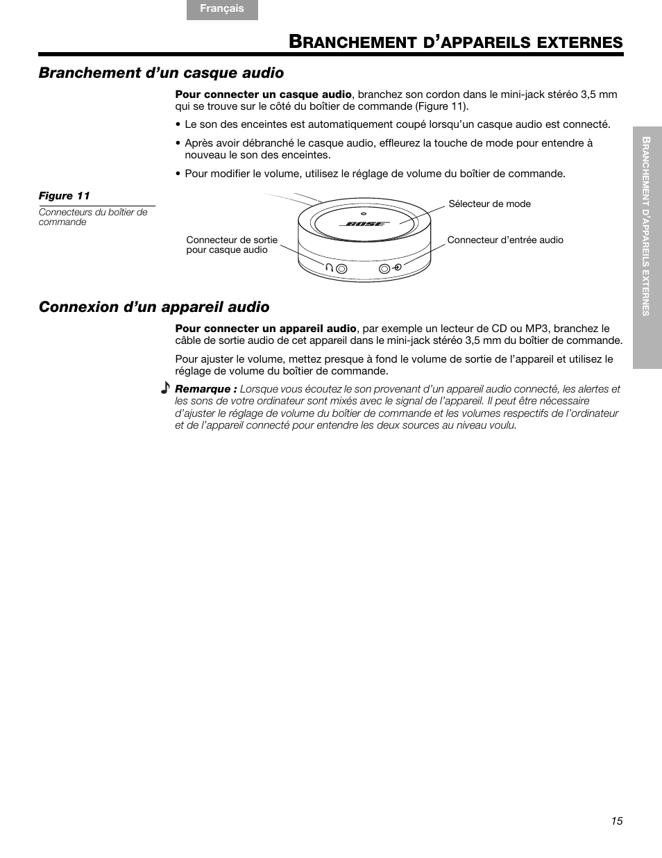 Ranchement d, Appareils externes, Branchement d’un casque audio | Connexion d’un appareil audio | Bose Companion 5 User Manual | Page 53 / 56