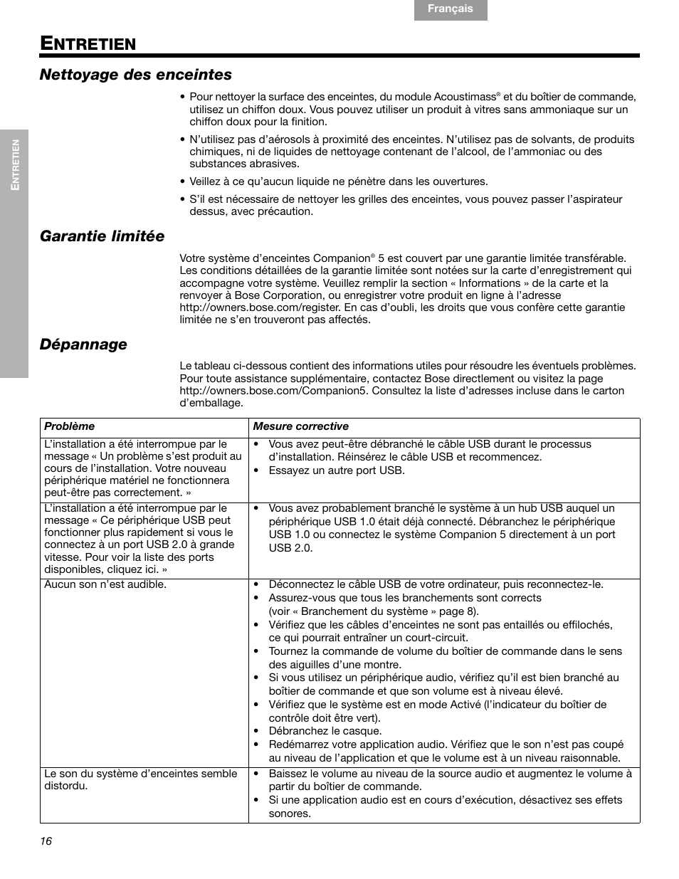 Ntretien, Nettoyage des enceintes, Garantie limitée | Dépannage | Bose Companion 5 User Manual | Page 54 / 56