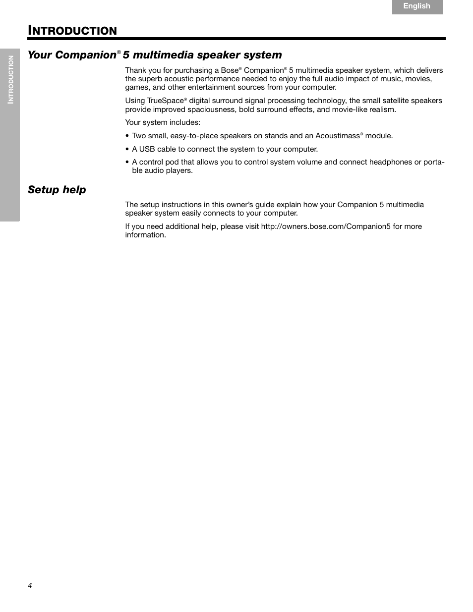Ntroduction, Your companion, 5 multimedia speaker system | Setup help | Bose Companion 5 User Manual | Page 6 / 56