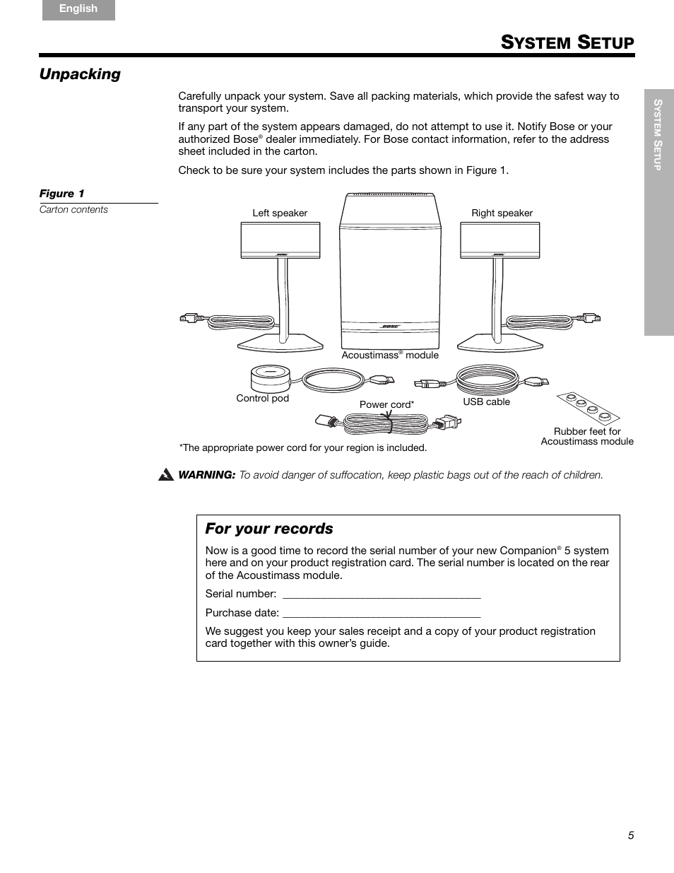 Ystem, Etup, Unpacking | For your records | Bose Companion 5 User Manual | Page 7 / 56