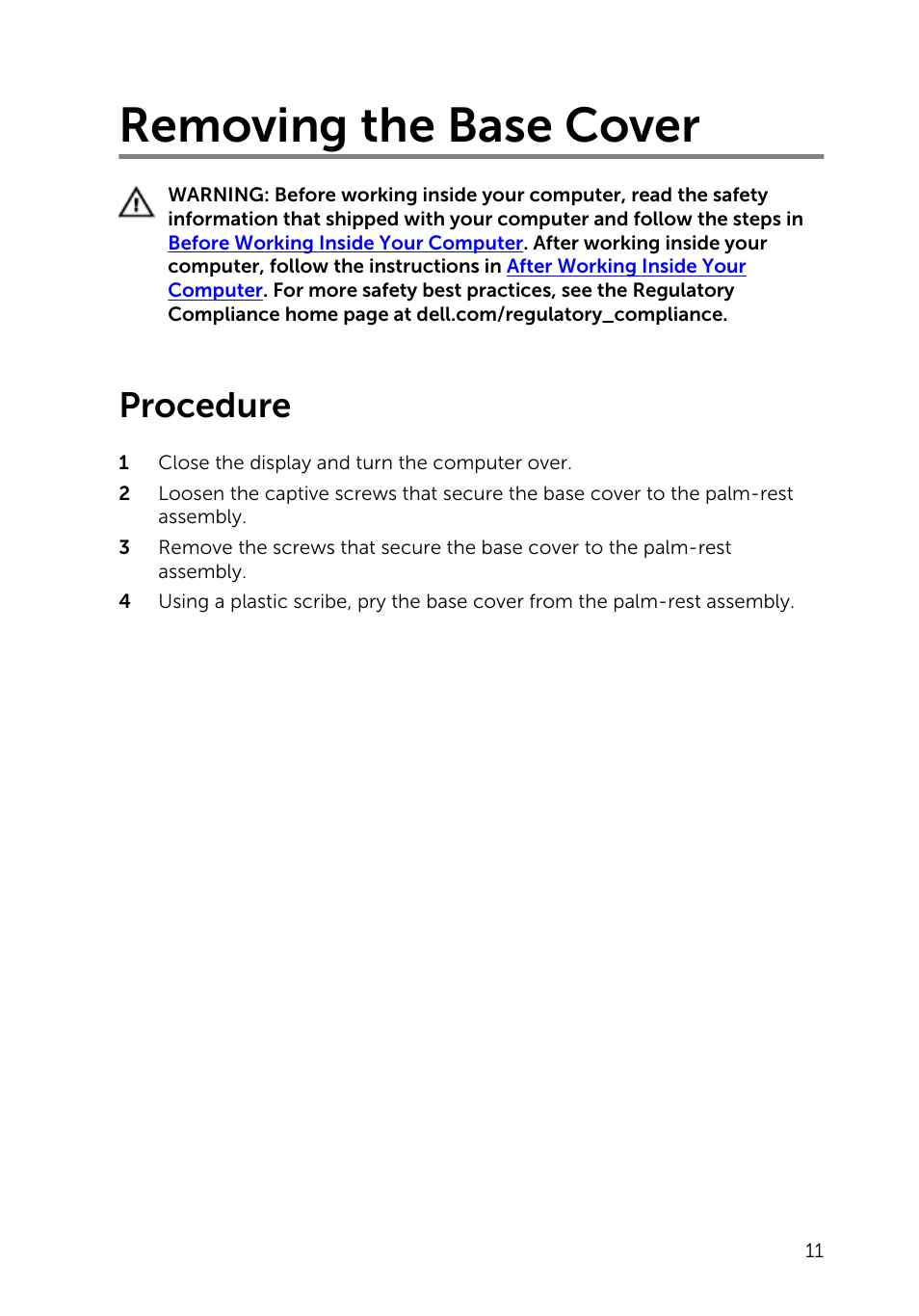 Removing the base cover, Procedure | Dell Inspiron 15 (7548, Late 2014) User Manual | Page 11 / 61