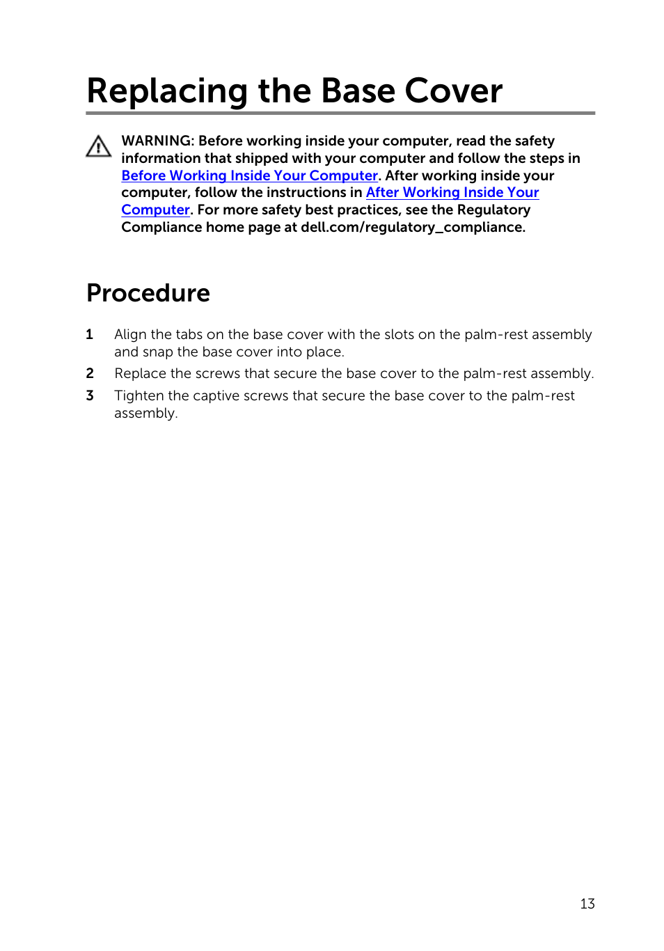 Replacing the base cover, Procedure | Dell Inspiron 15 (7548, Late 2014) User Manual | Page 13 / 61