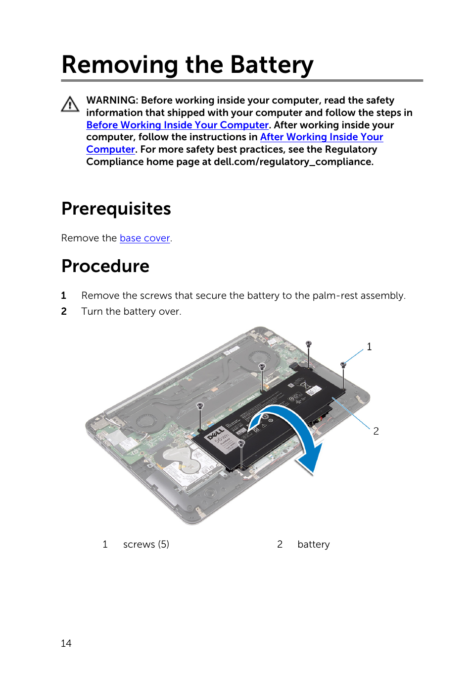 Removing the battery, Prerequisites, Procedure | Dell Inspiron 15 (7548, Late 2014) User Manual | Page 14 / 61