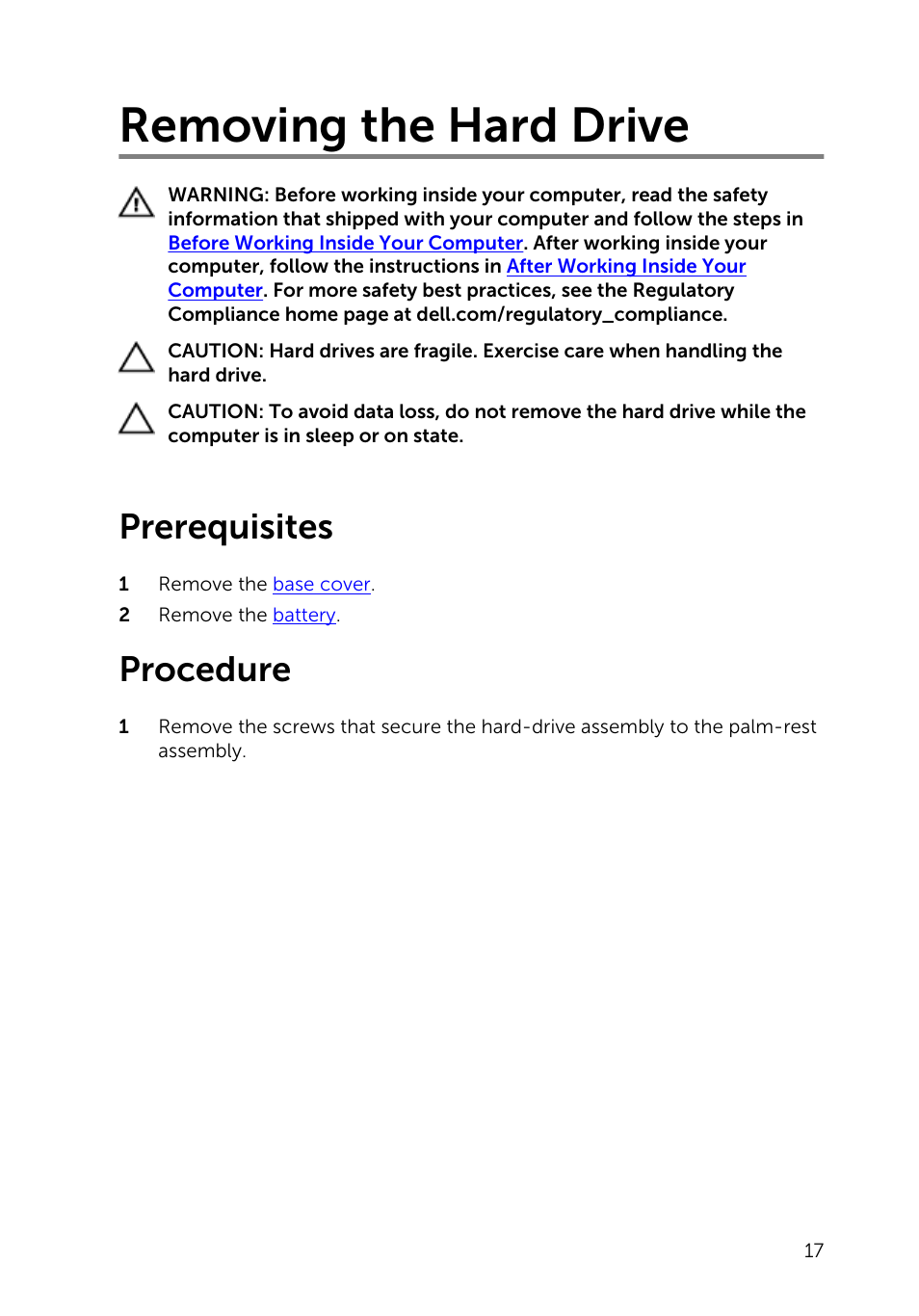 Removing the hard drive, Prerequisites, Procedure | Dell Inspiron 15 (7548, Late 2014) User Manual | Page 17 / 61