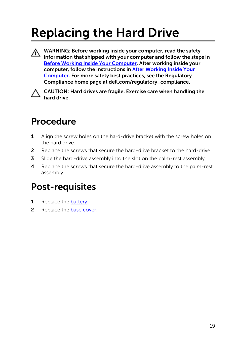 Replacing the hard drive, Procedure, Post-requisites | Dell Inspiron 15 (7548, Late 2014) User Manual | Page 19 / 61