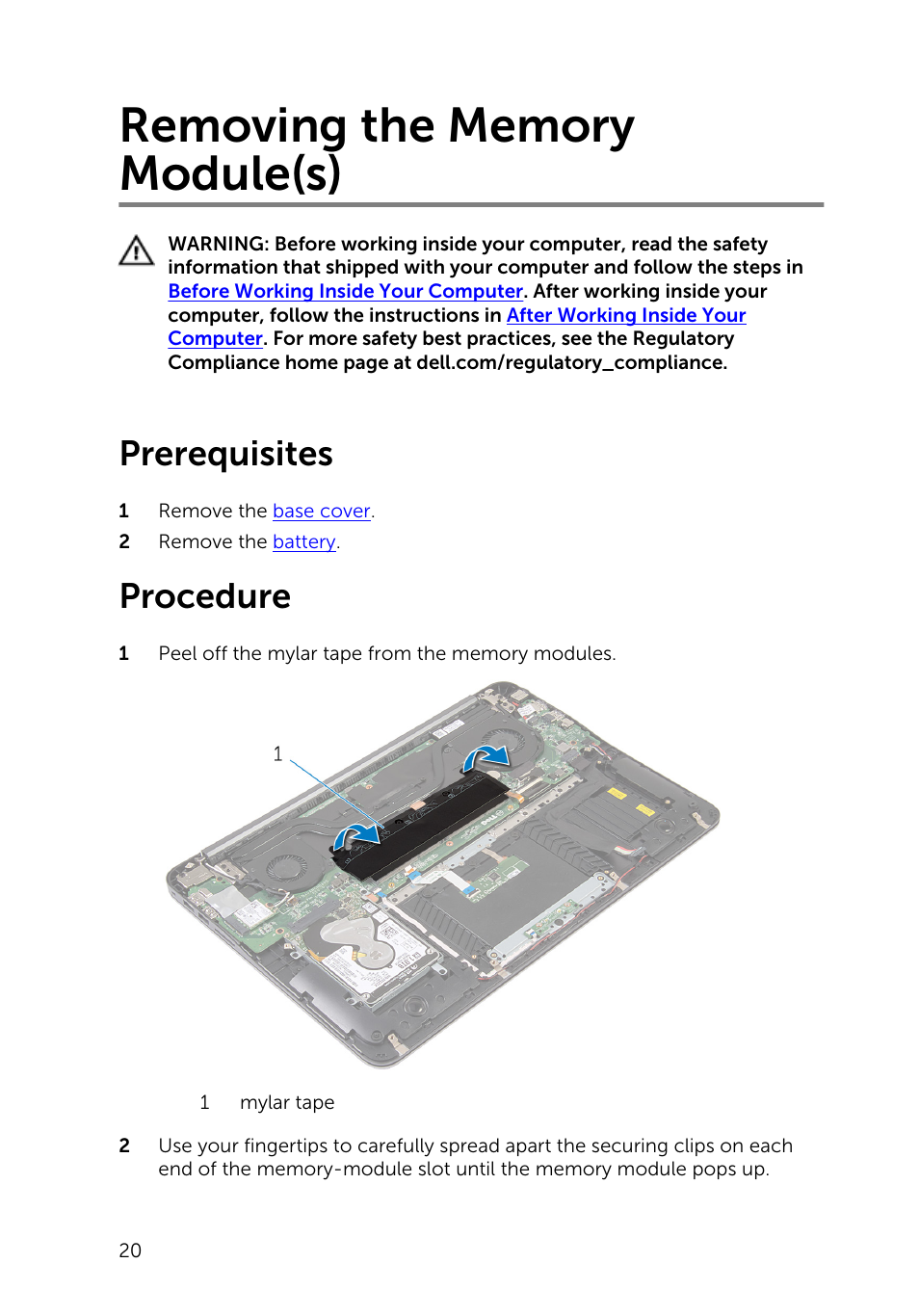 Removing the memory module(s), Prerequisites, Procedure | Dell Inspiron 15 (7548, Late 2014) User Manual | Page 20 / 61