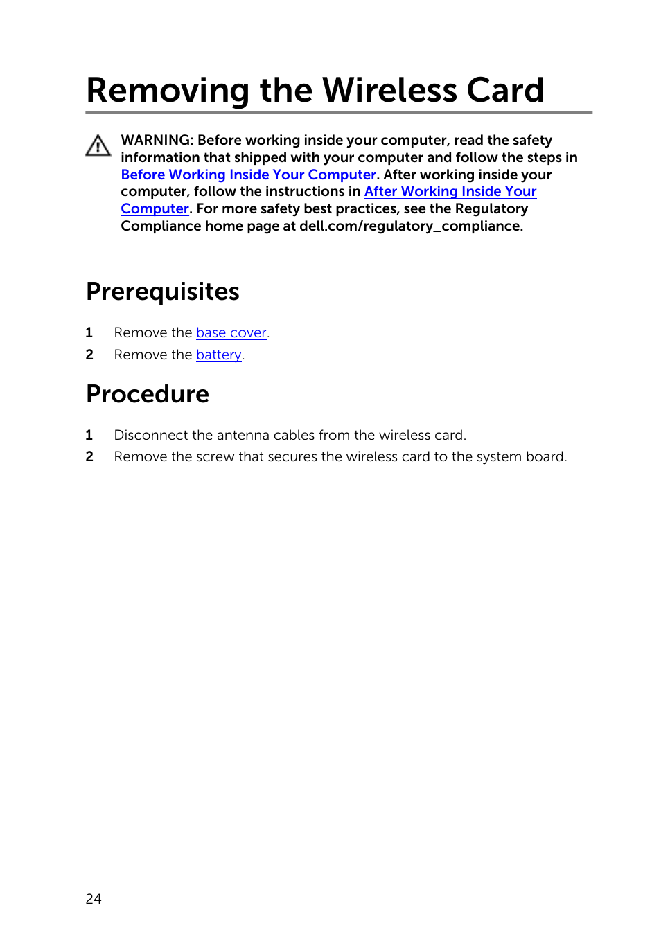 Removing the wireless card, Prerequisites, Procedure | Dell Inspiron 15 (7548, Late 2014) User Manual | Page 24 / 61