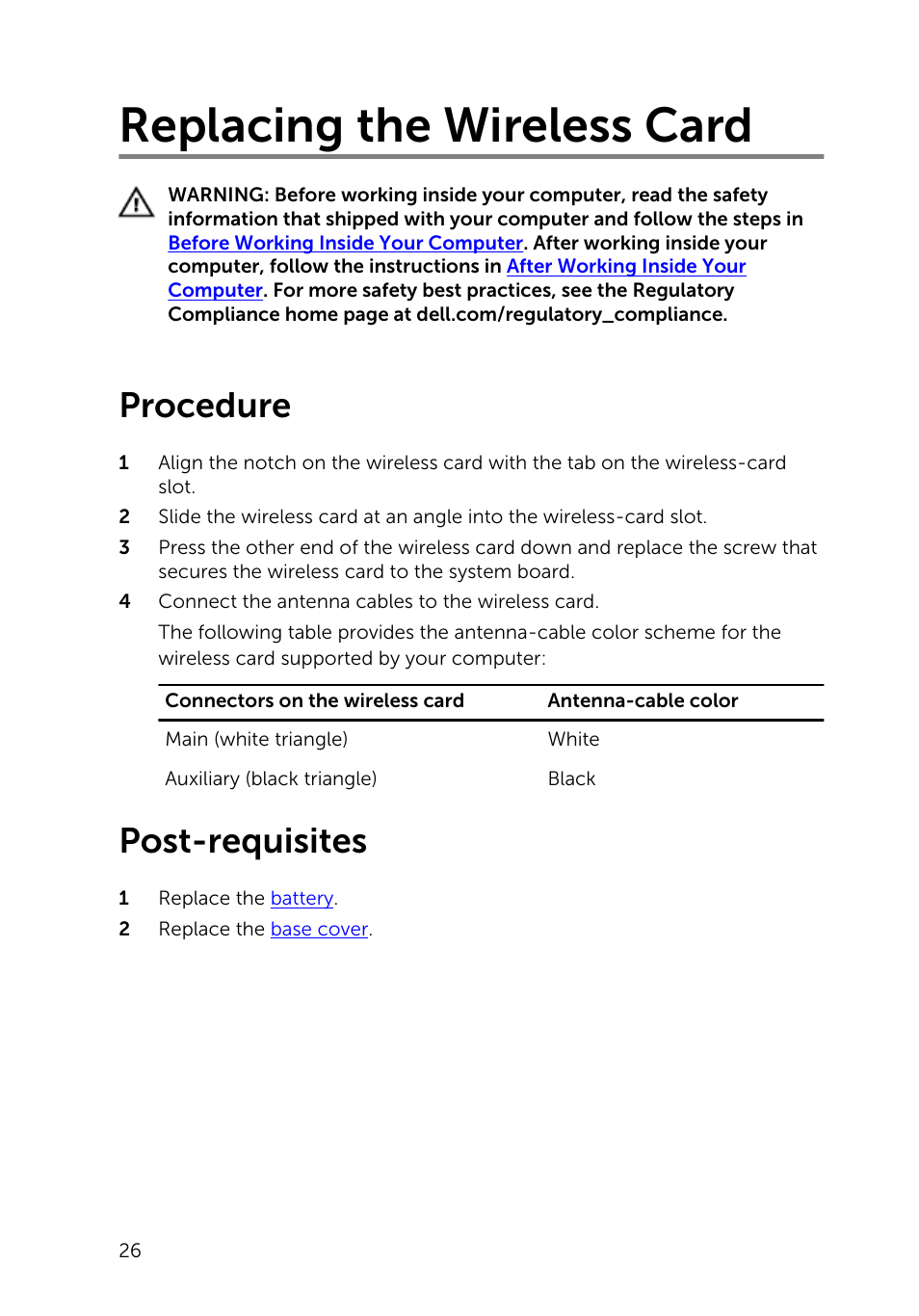 Replacing the wireless card, Procedure, Post-requisites | Dell Inspiron 15 (7548, Late 2014) User Manual | Page 26 / 61