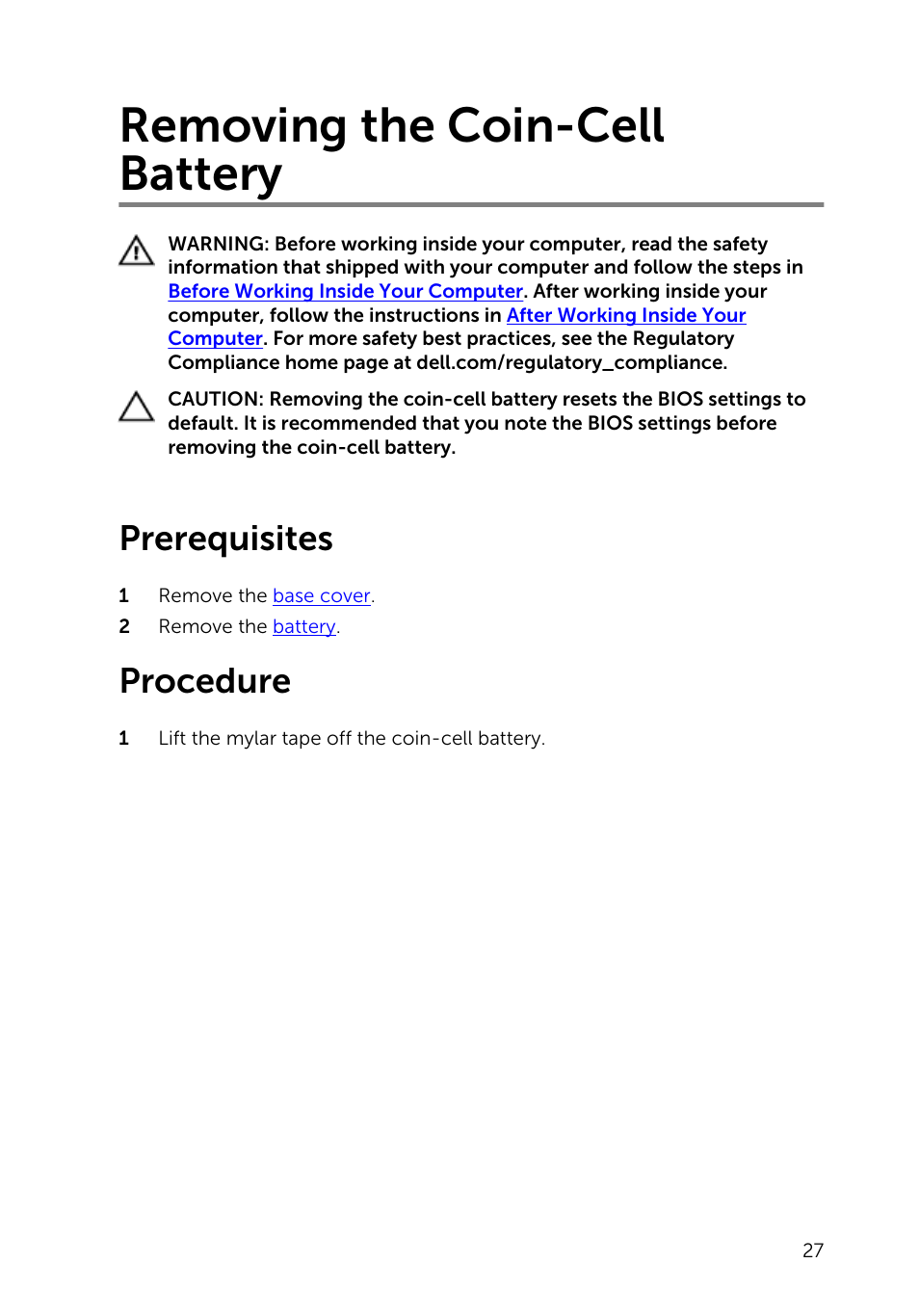 Removing the coin-cell battery, Prerequisites, Procedure | Dell Inspiron 15 (7548, Late 2014) User Manual | Page 27 / 61