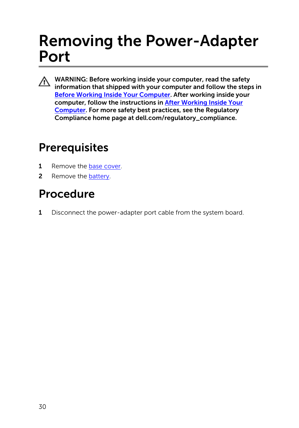 Removing the power-adapter port, Prerequisites, Procedure | Dell Inspiron 15 (7548, Late 2014) User Manual | Page 30 / 61