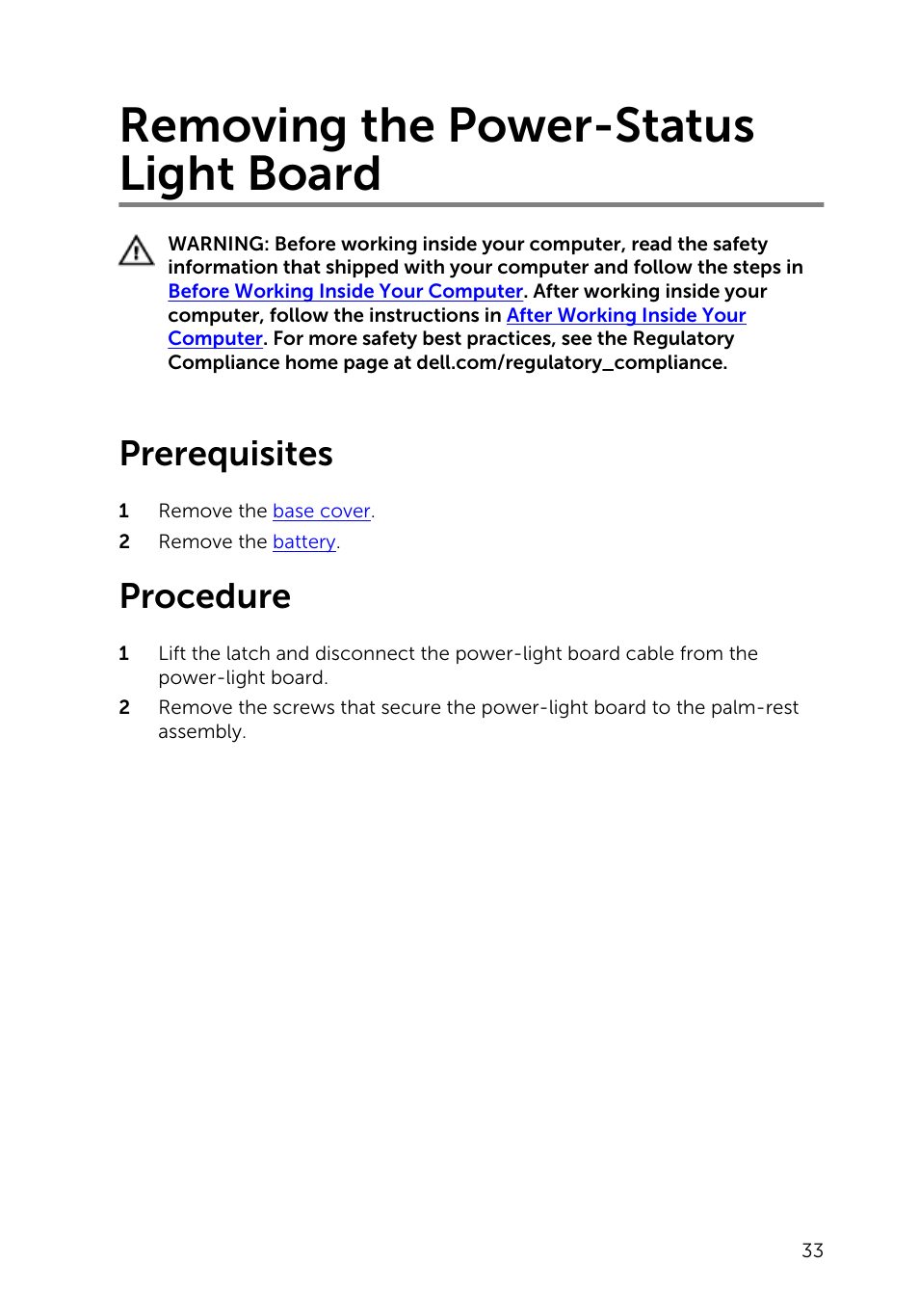 Removing the power-status light board, Prerequisites, Procedure | Dell Inspiron 15 (7548, Late 2014) User Manual | Page 33 / 61