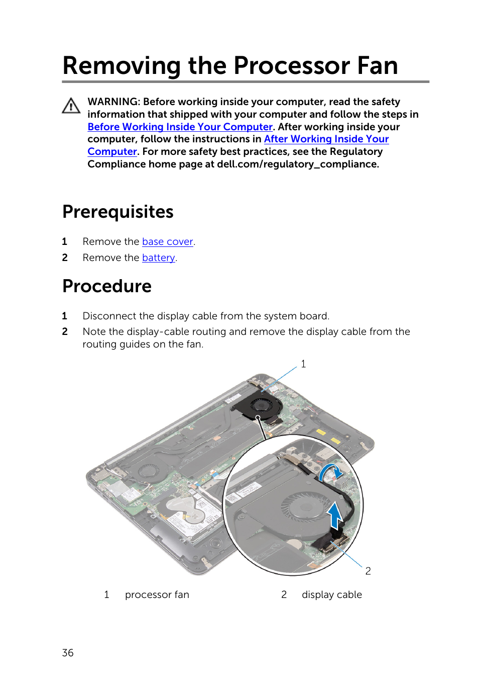 Removing the processor fan, Prerequisites, Procedure | Dell Inspiron 15 (7548, Late 2014) User Manual | Page 36 / 61