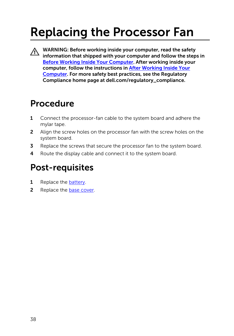 Replacing the processor fan, Procedure, Post-requisites | Dell Inspiron 15 (7548, Late 2014) User Manual | Page 38 / 61