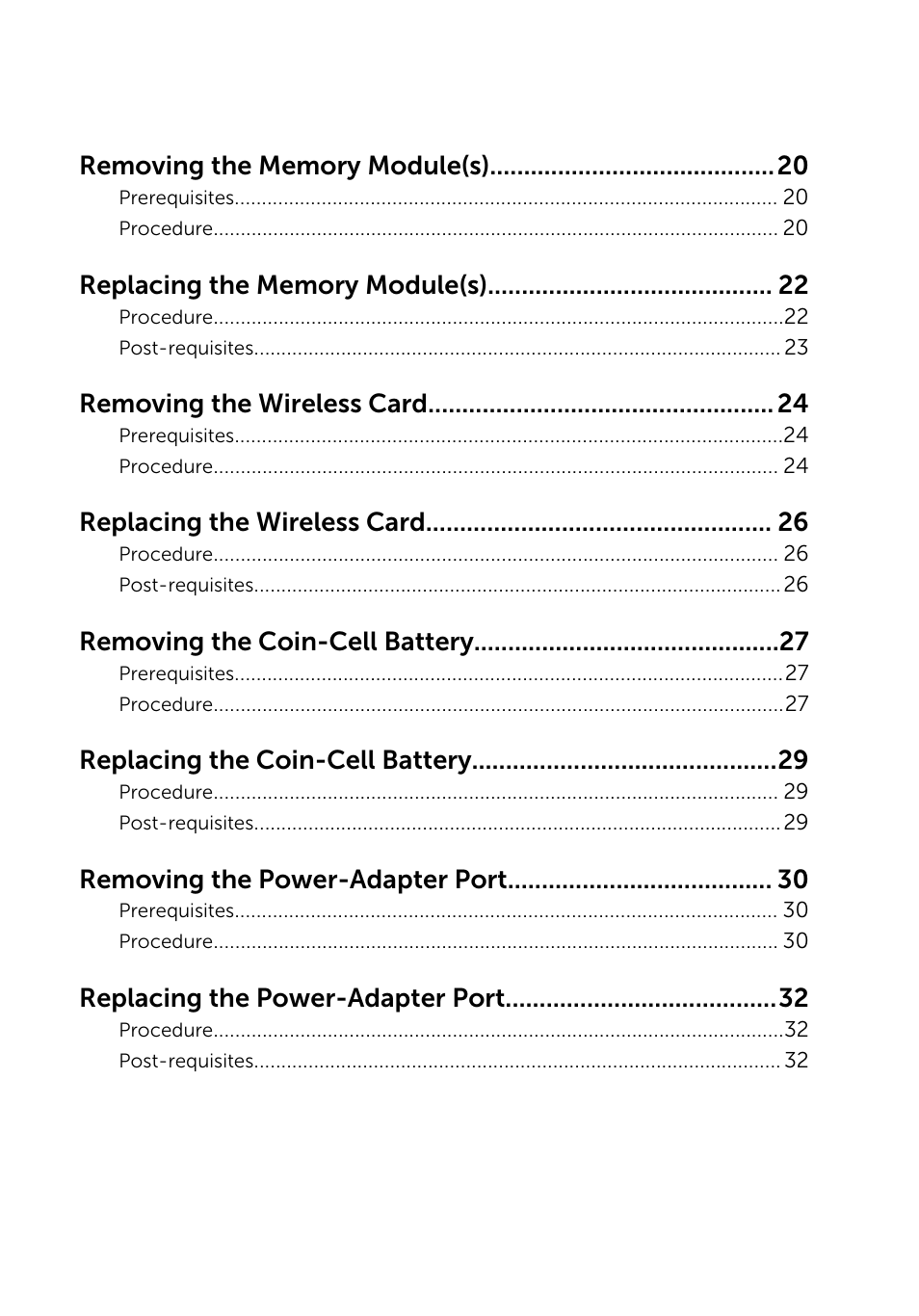 Removing the wireless card, Replacing the wireless card, Removing the coin-cell battery | Replacing the coin-cell battery, Removing the power-adapter port, Replacing the power-adapter port | Dell Inspiron 15 (7548, Late 2014) User Manual | Page 4 / 61
