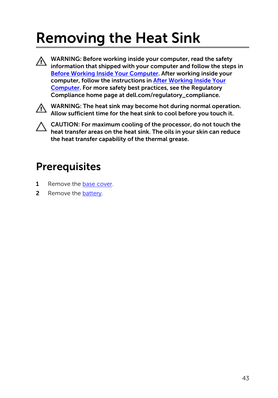 Removing the heat sink, Prerequisites | Dell Inspiron 15 (7548, Late 2014) User Manual | Page 43 / 61