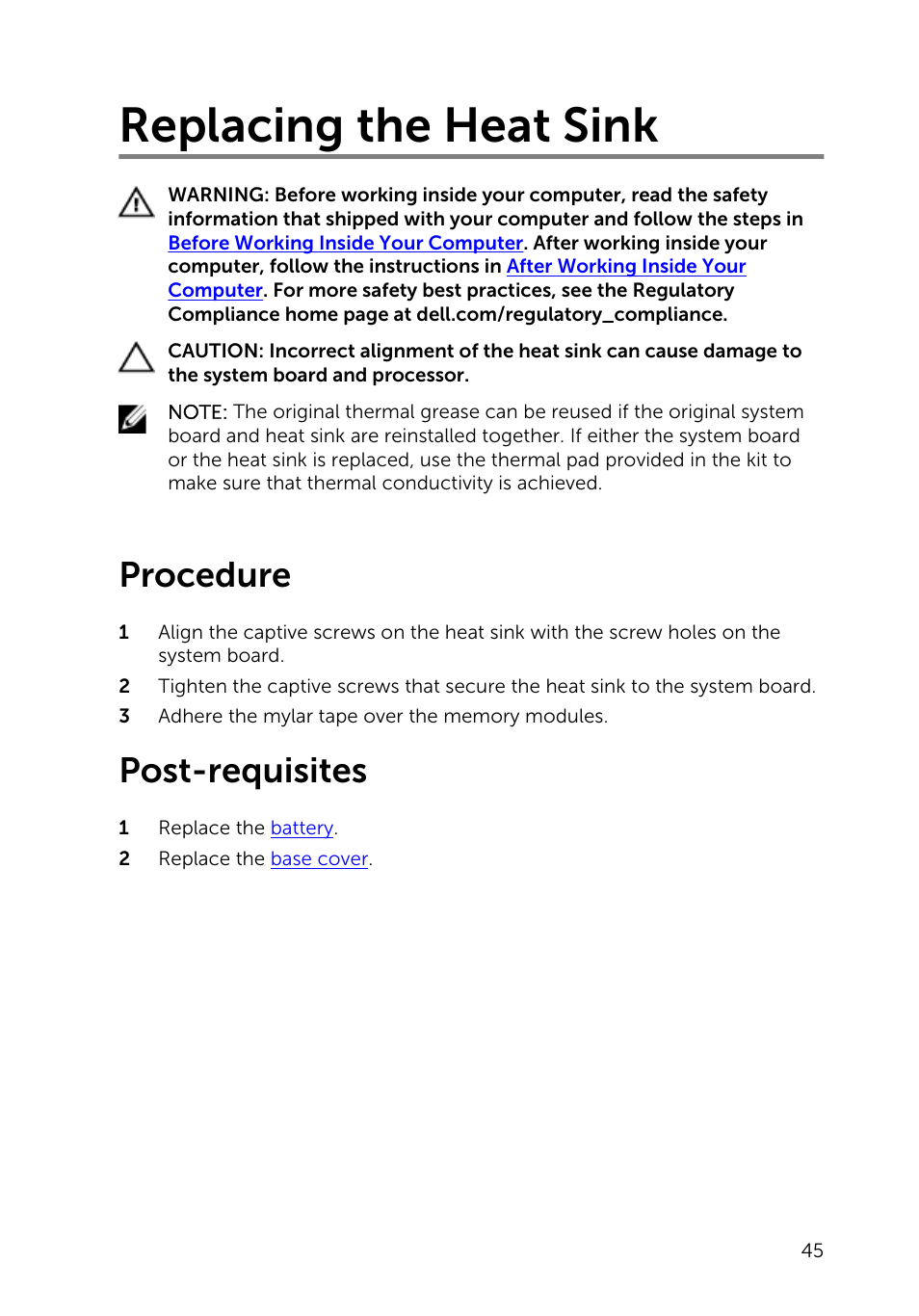 Replacing the heat sink, Procedure, Post-requisites | Dell Inspiron 15 (7548, Late 2014) User Manual | Page 45 / 61