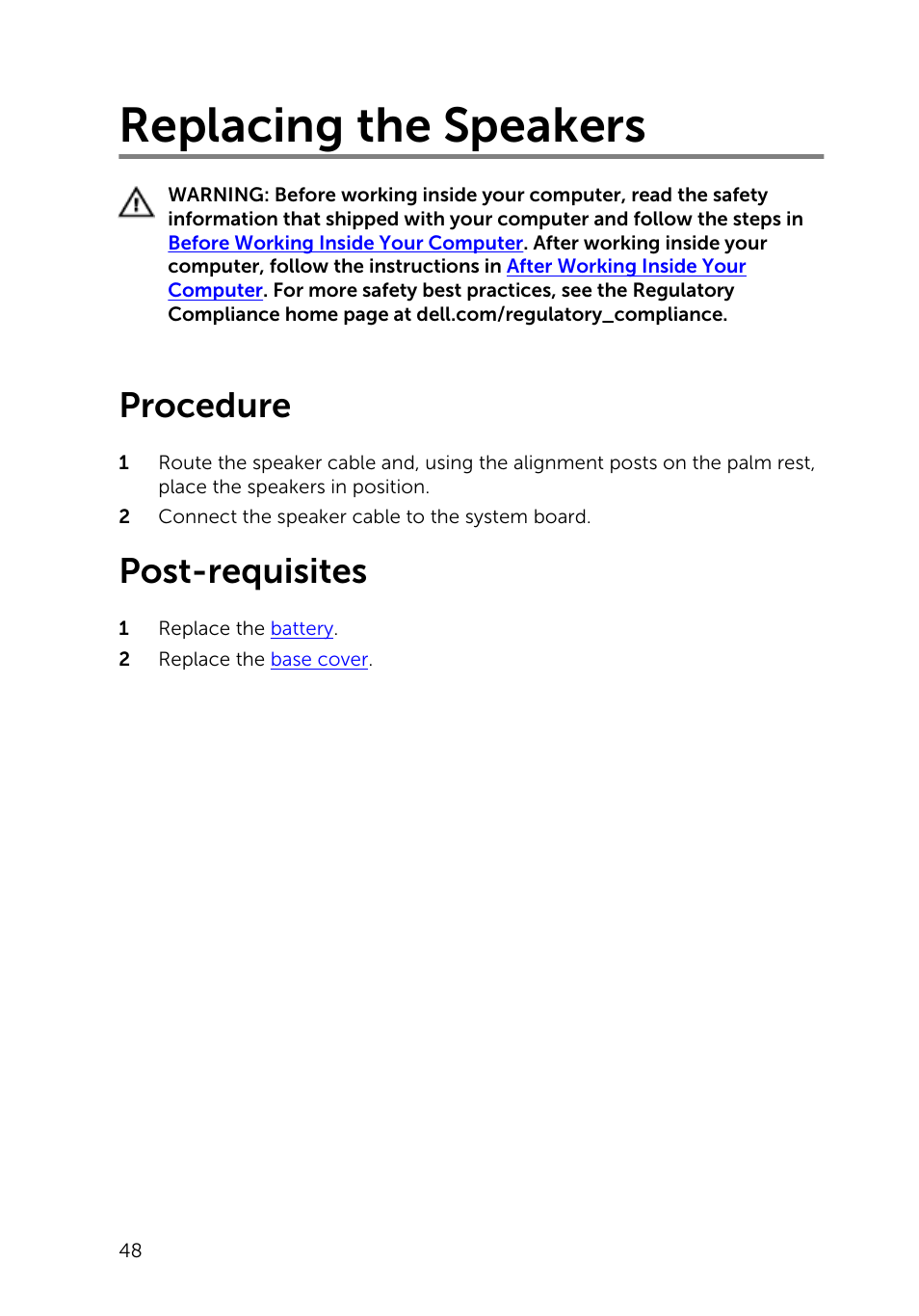 Replacing the speakers, Procedure, Post-requisites | Dell Inspiron 15 (7548, Late 2014) User Manual | Page 48 / 61