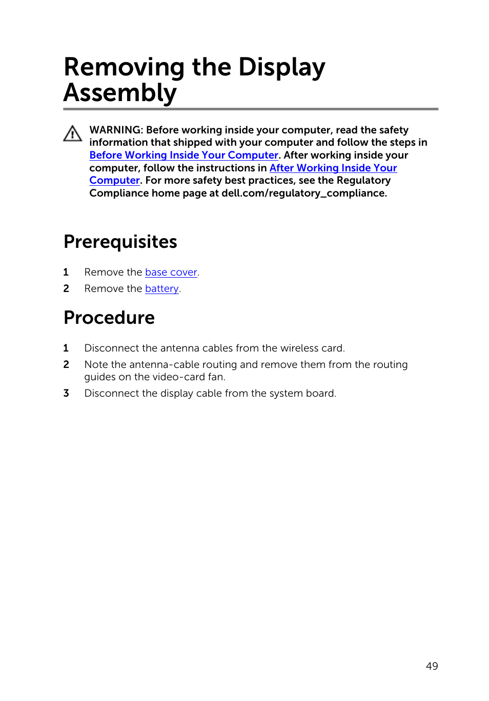 Removing the display assembly, Prerequisites, Procedure | Dell Inspiron 15 (7548, Late 2014) User Manual | Page 49 / 61