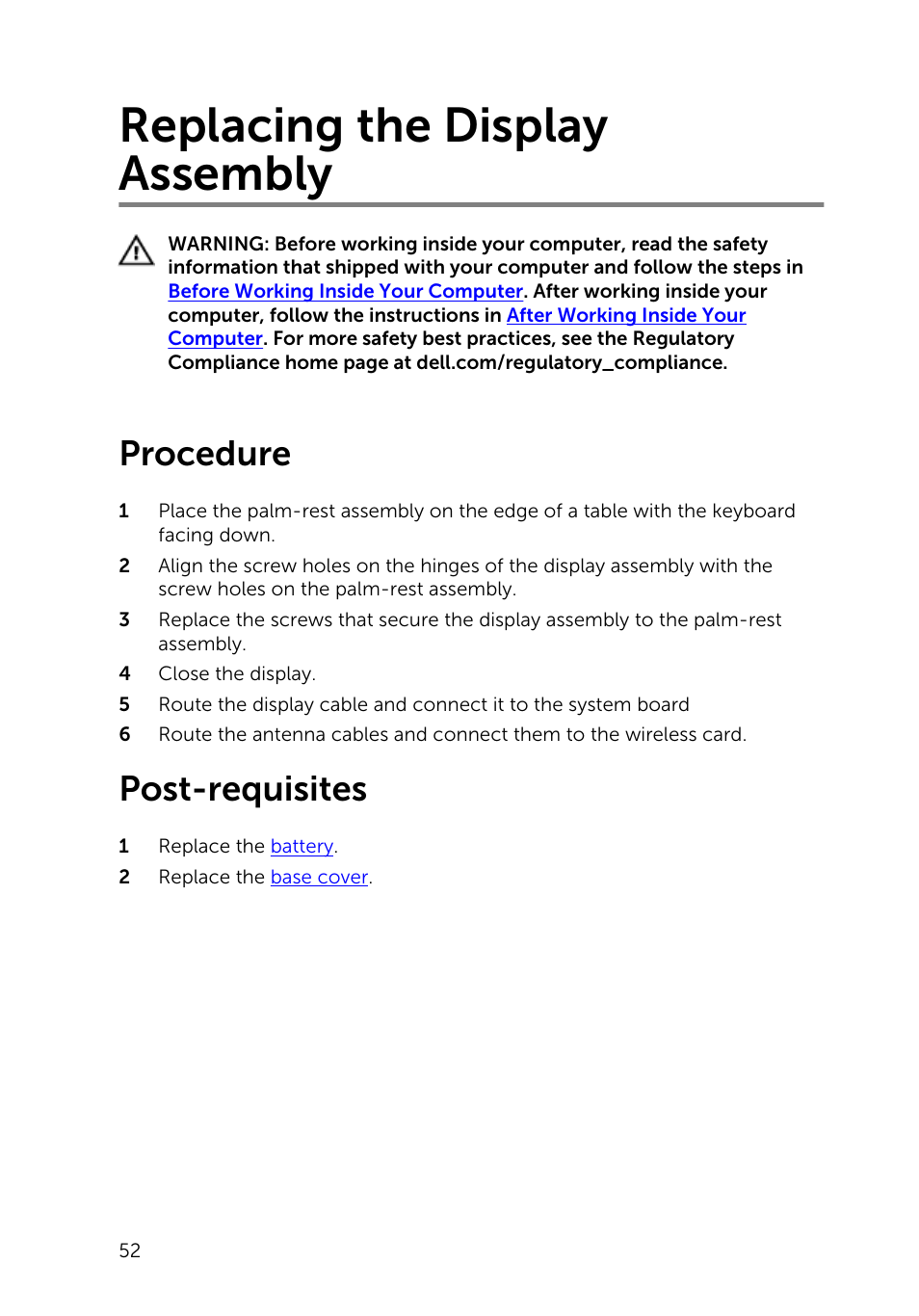 Replacing the display assembly, Procedure, Post-requisites | Dell Inspiron 15 (7548, Late 2014) User Manual | Page 52 / 61