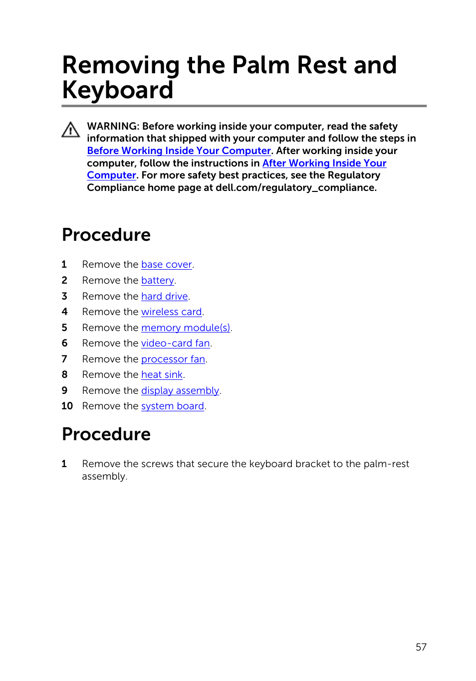 Removing the palm rest and keyboard, Procedure | Dell Inspiron 15 (7548, Late 2014) User Manual | Page 57 / 61