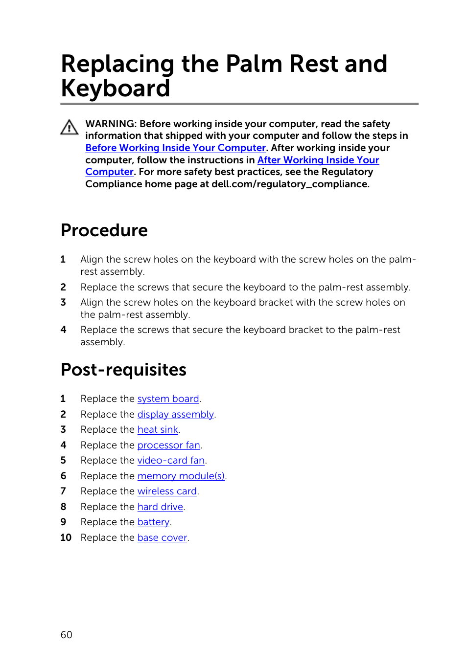 Replacing the palm rest and keyboard, Procedure, Post-requisites | Dell Inspiron 15 (7548, Late 2014) User Manual | Page 60 / 61