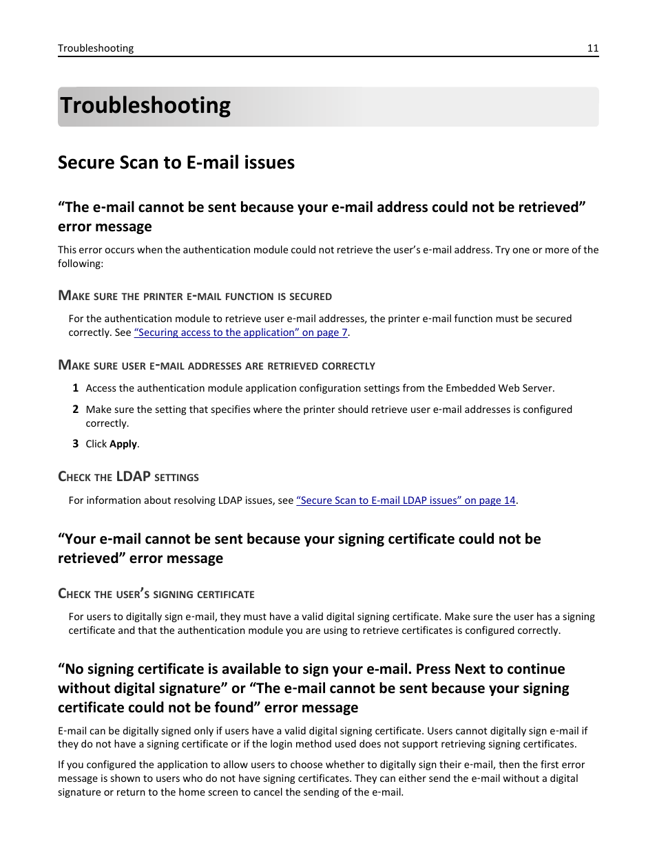 Troubleshooting, Secure scan to e-mail issues, Make sure the printer e-mail function is secured | Check the ldap settings, Check the user’s signing certificate, Ldap | Dell B3460dn Mono Laser Printer User Manual | Page 11 / 24