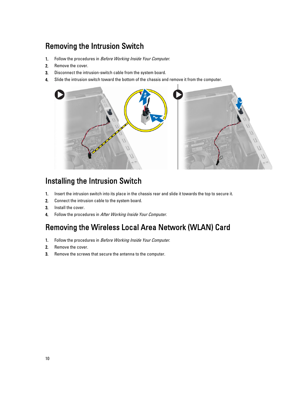 Removing the intrusion switch, Installing the intrusion switch | Dell OptiPlex XE2 (Mid 2013) User Manual | Page 10 / 61