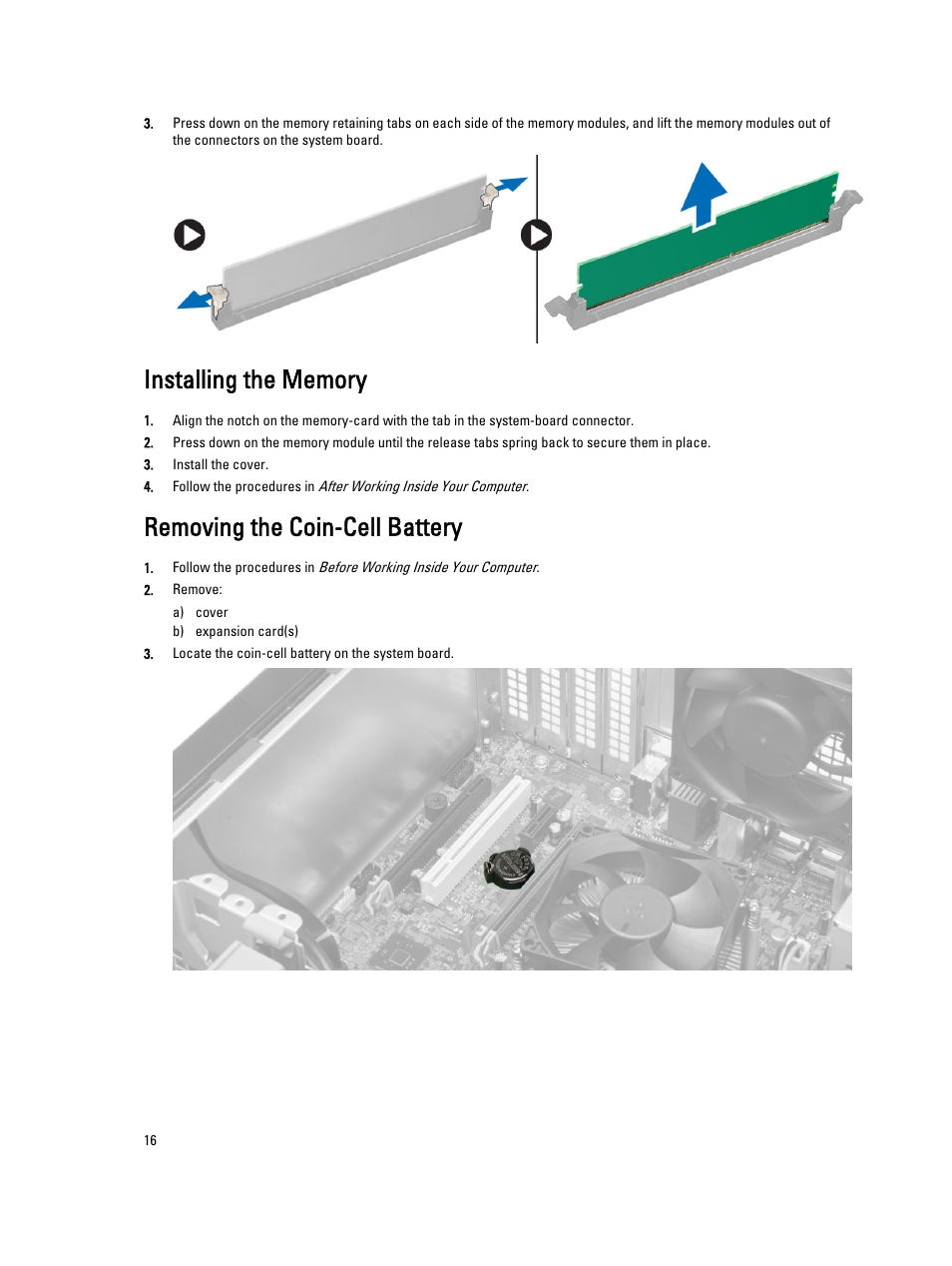 Installing the memory, Removing the coin-cell battery | Dell OptiPlex XE2 (Mid 2013) User Manual | Page 16 / 61