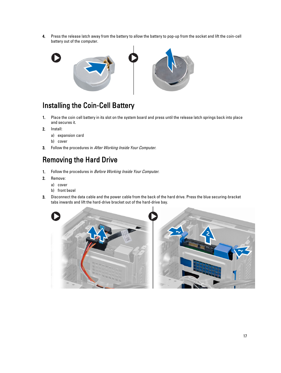 Installing the coin-cell battery, Removing the hard drive | Dell OptiPlex XE2 (Mid 2013) User Manual | Page 17 / 61