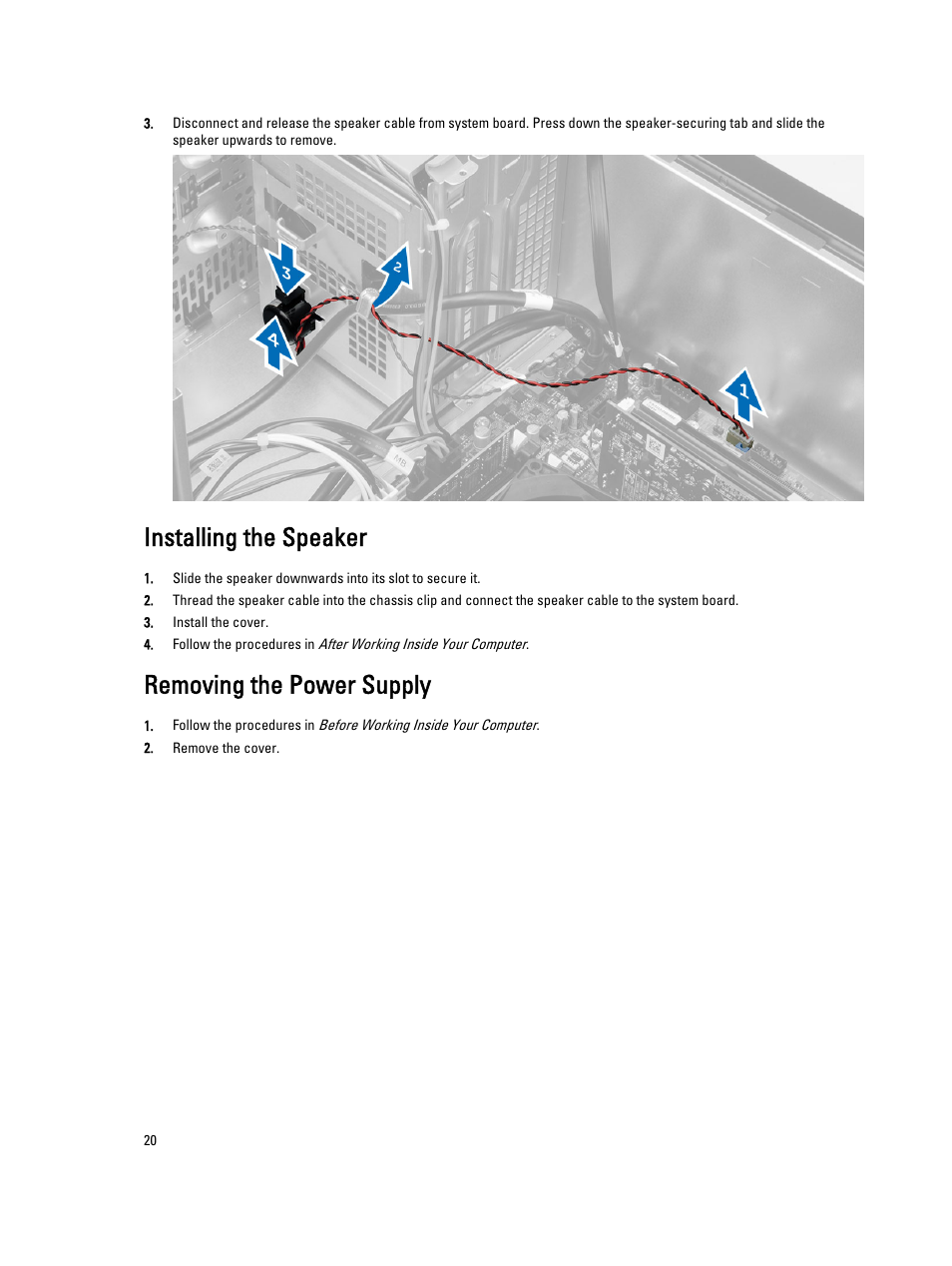 Installing the speaker, Removing the power supply | Dell OptiPlex XE2 (Mid 2013) User Manual | Page 20 / 61