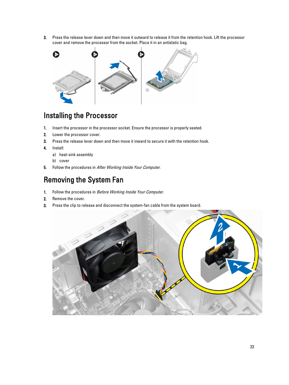 Installing the processor, Removing the system fan | Dell OptiPlex XE2 (Mid 2013) User Manual | Page 23 / 61