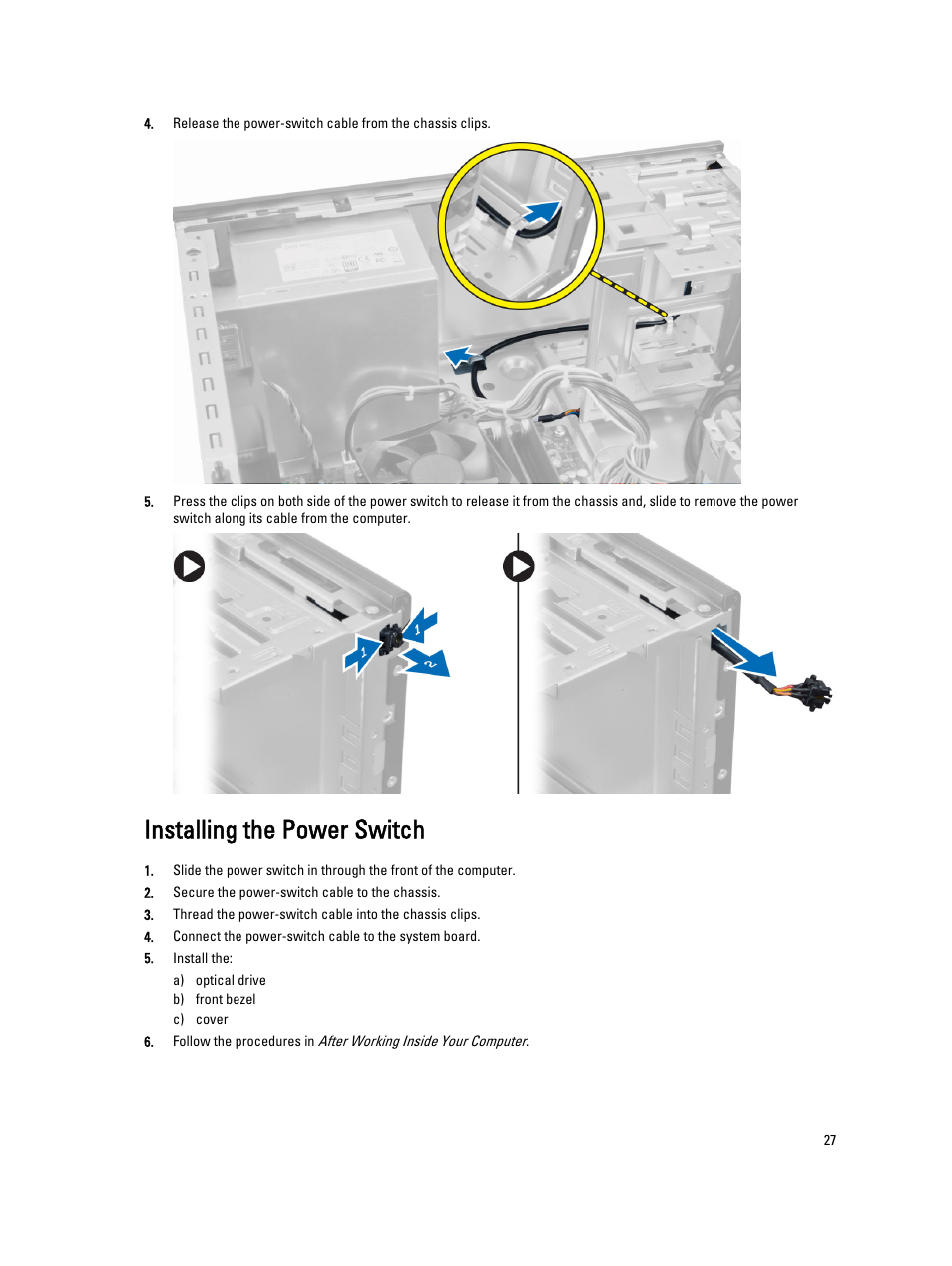 Installing the power switch | Dell OptiPlex XE2 (Mid 2013) User Manual | Page 27 / 61